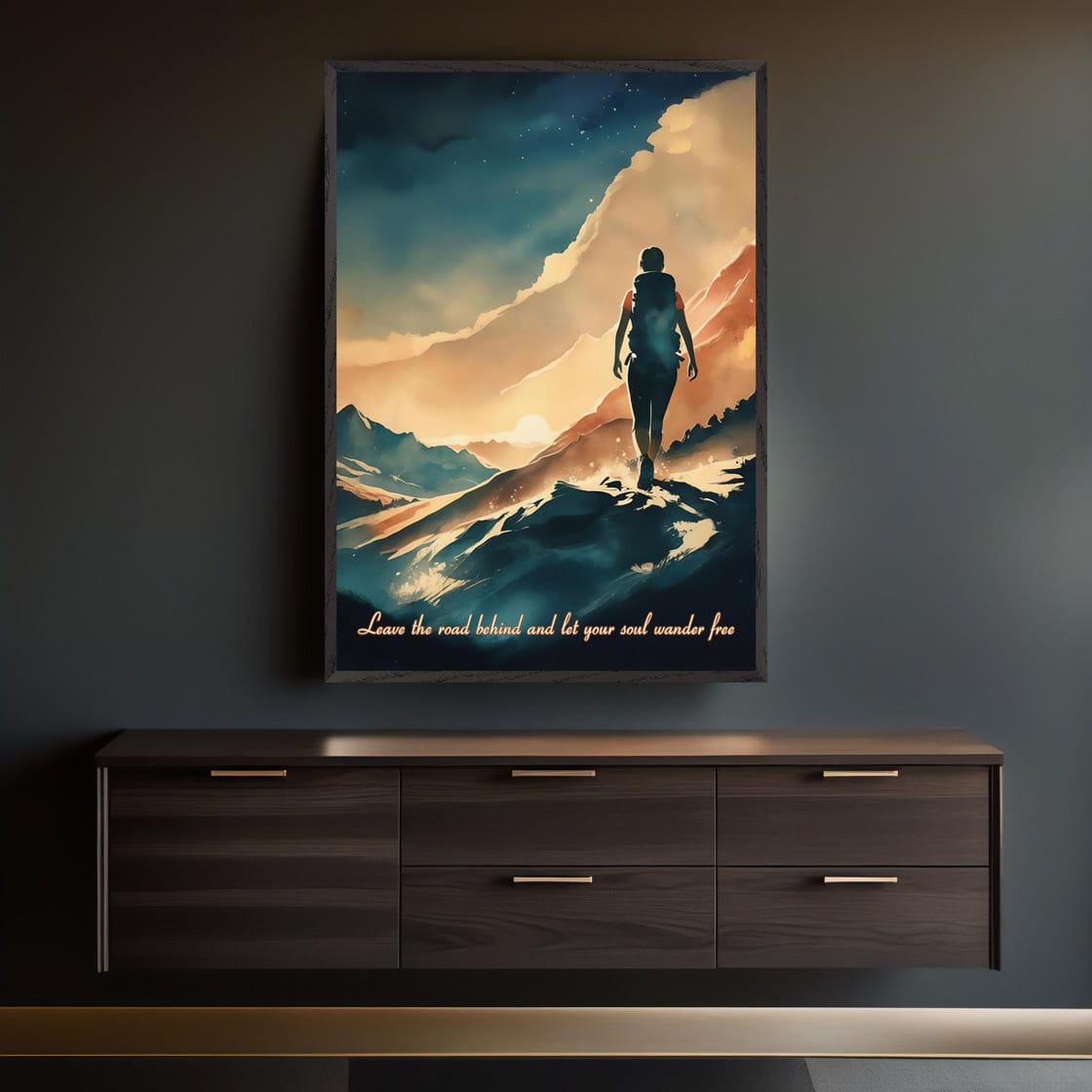Mock-up of hiking-themed inspirational poster in a calming home office space.