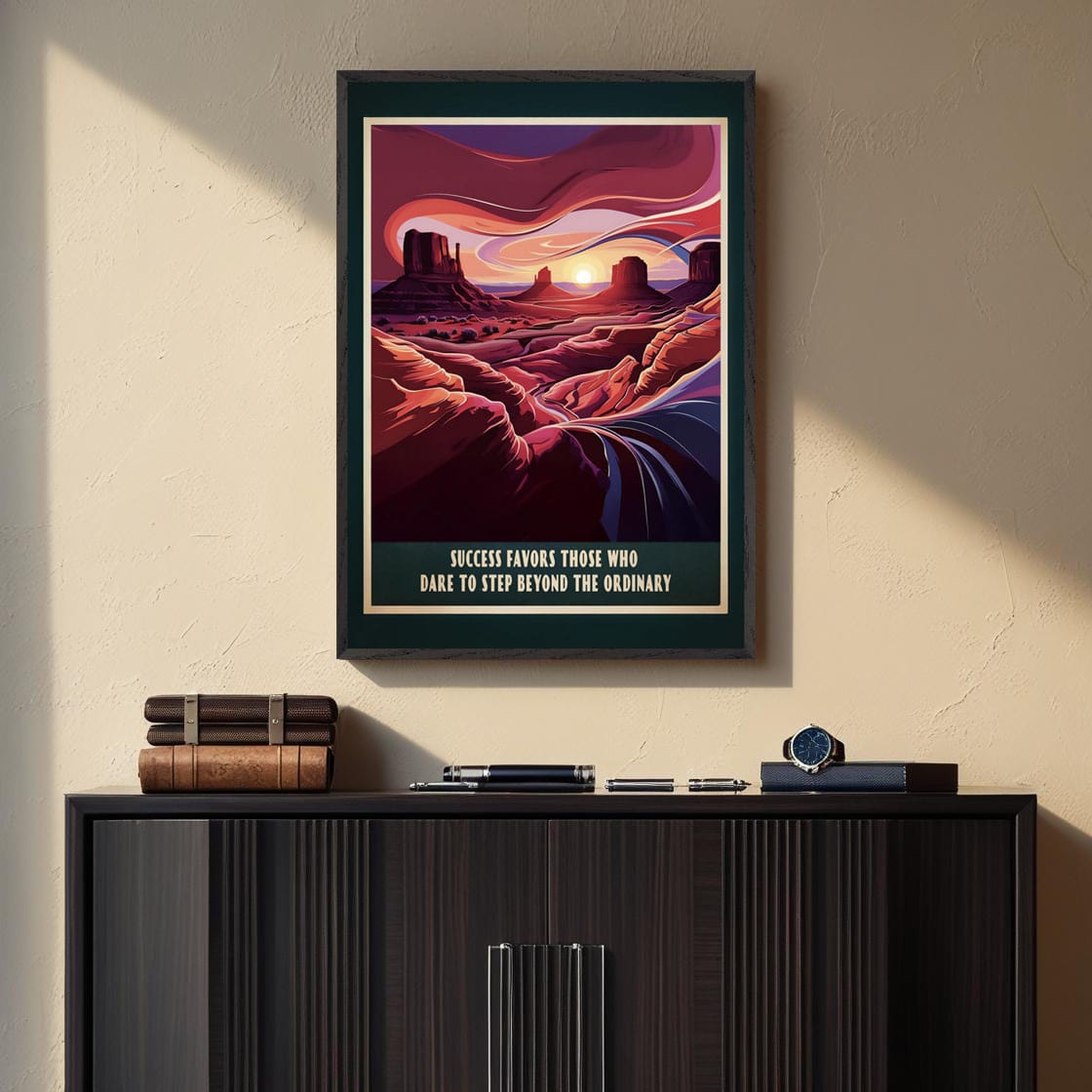Mock-up of inspirational desert-themed poster in a modern workspace.