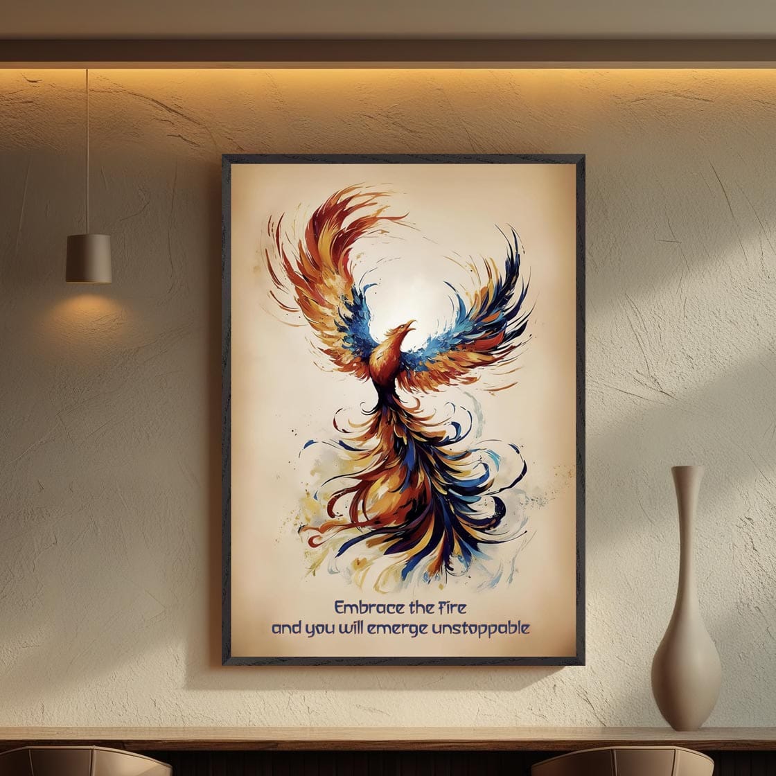 Mock-up of phoenix rebirth poster hanging in a bold, modern workspace.