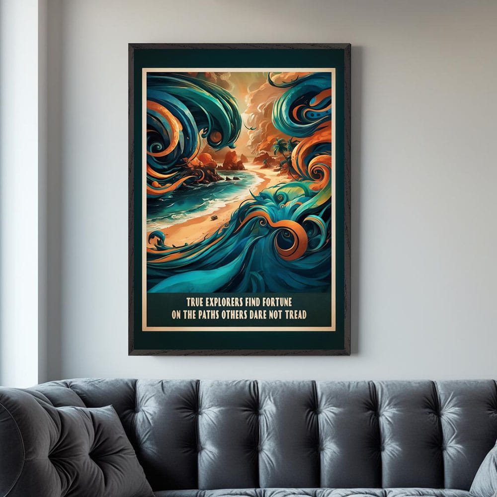 Mock-up of tropical explorer-themed motivational art in a home office.