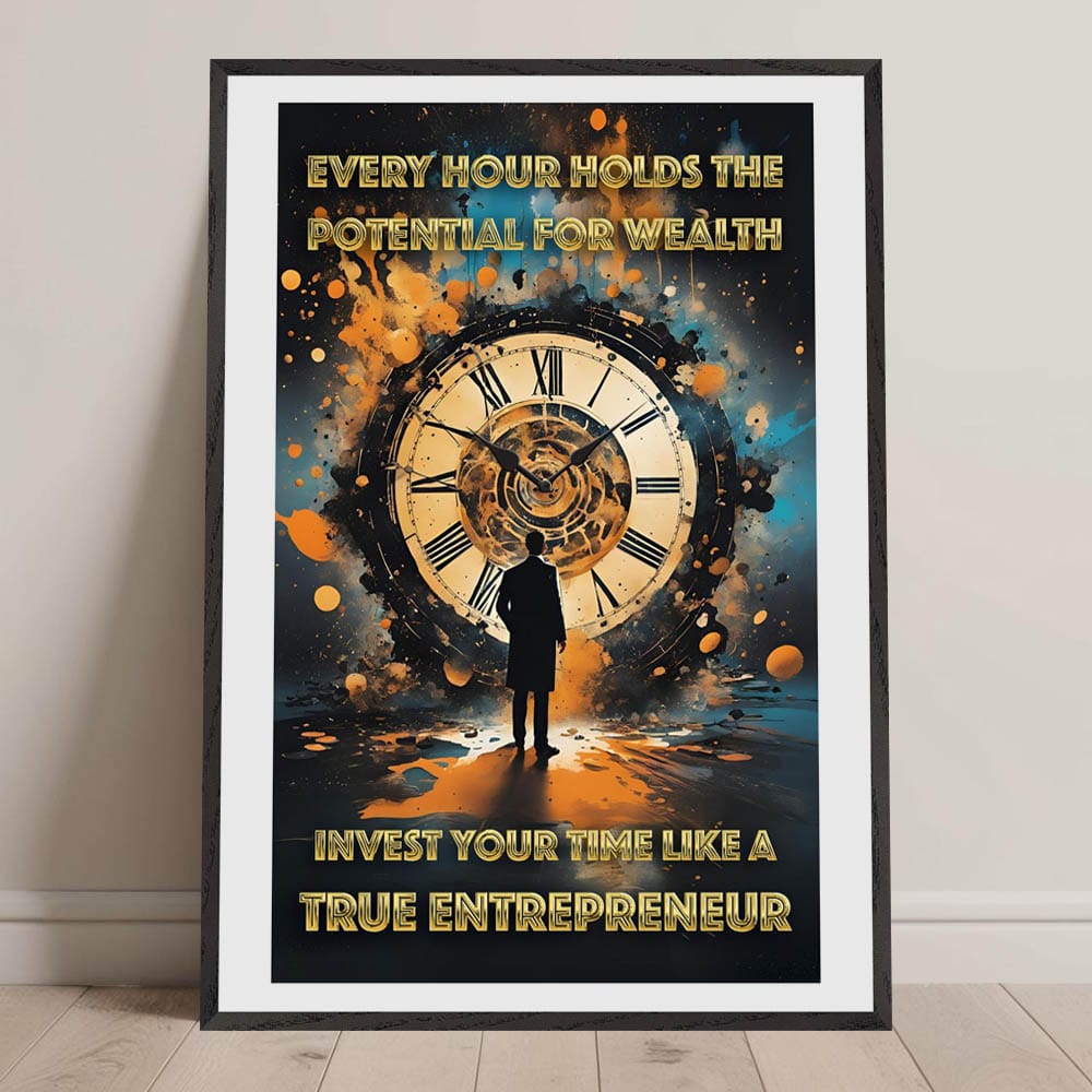 Mock-up of time-investment motivational artwork displayed in a modern workspace.