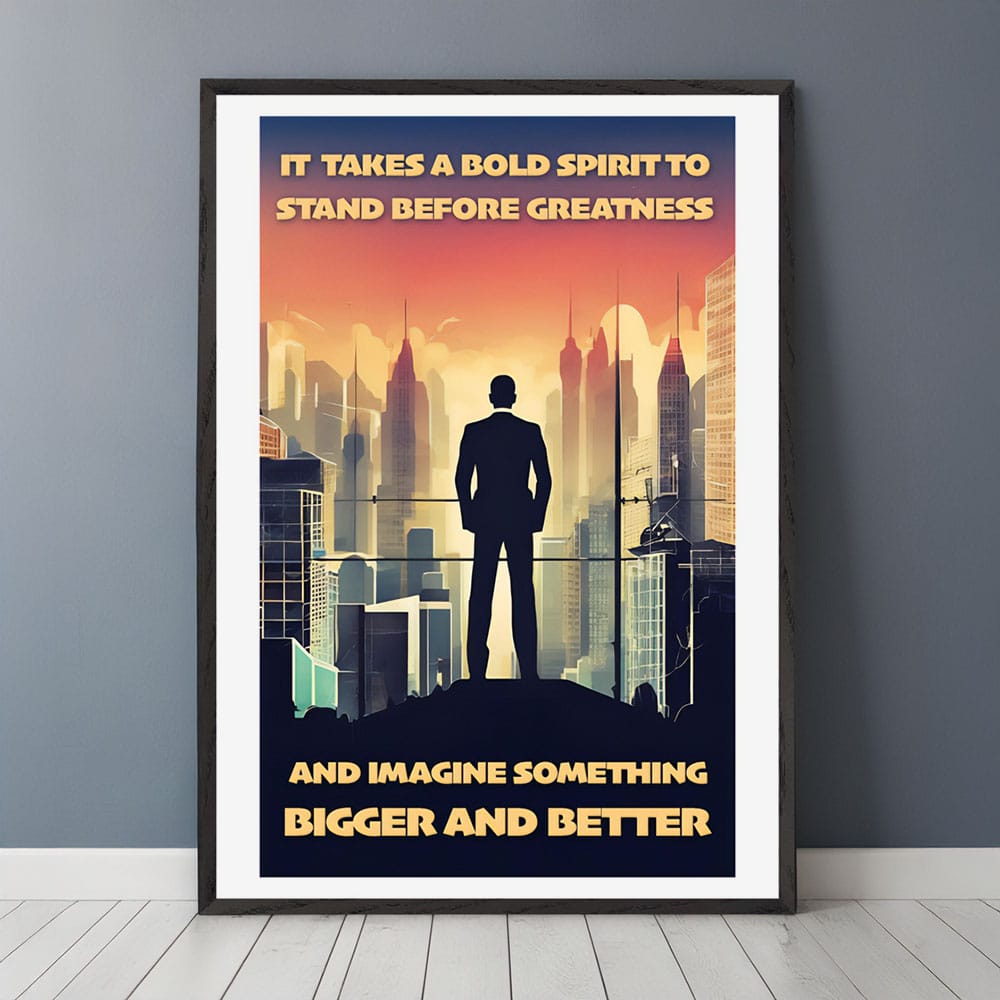 Mock-up of visionary motivational artwork leaning against a wall in a modern office space.