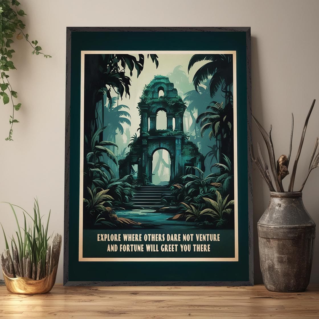 Mock-up of explorer-themed motivational art in a peaceful room setting.