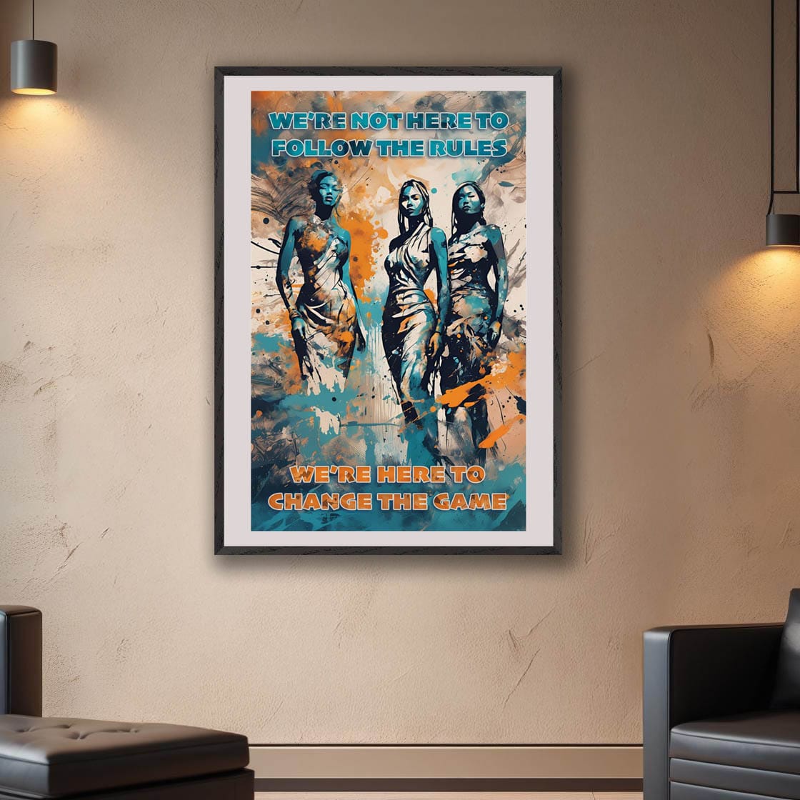 Mock-up of empowerment artwork for women displayed in a stylish interior space, ideal for female entrepreneurs and changemakers.