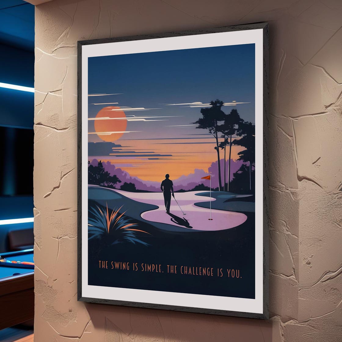 Mock-up of golf motivation print shown in a refined modern interior — ideal for players who embrace mental strength.