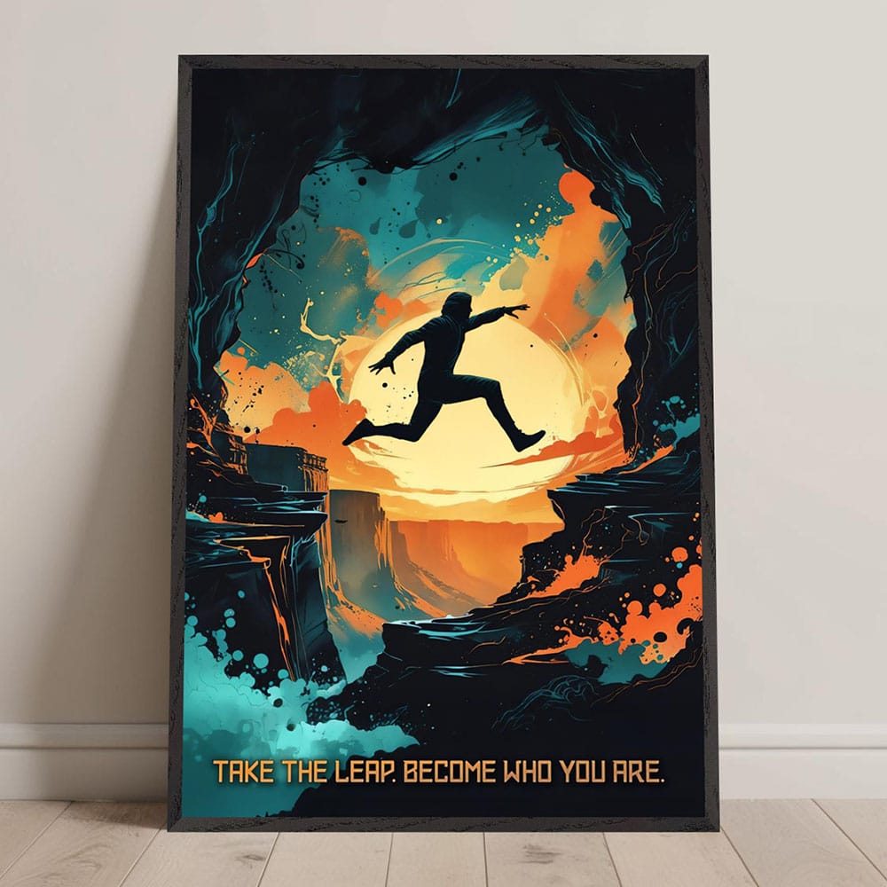Mock-up of inspirational leap of faith poster in a stylish home setting, perfect for bold thinkers and dreamers.