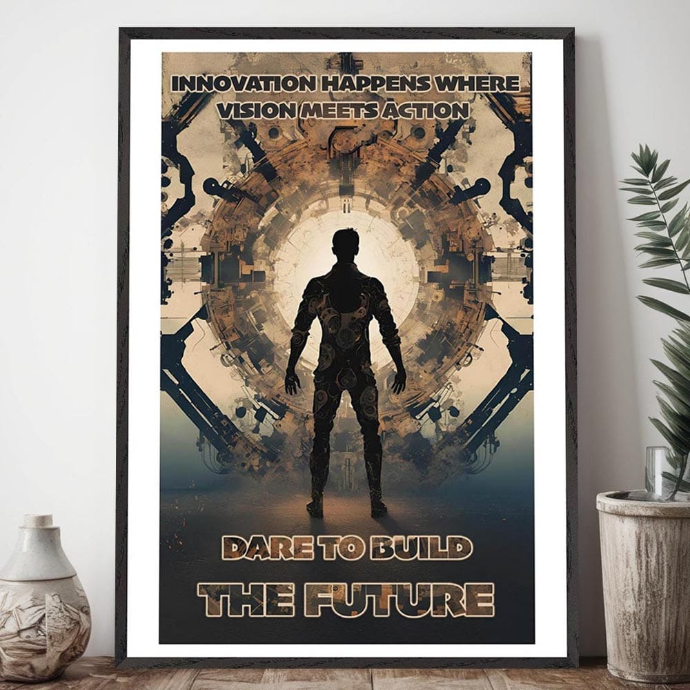 Mock-up of innovation motivational poster in a modern office space.