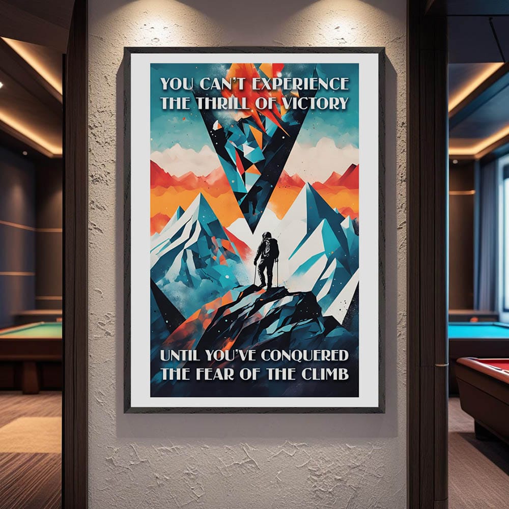 Mock-up of mountaineering-themed motivational art displayed in a bold and modern office space.