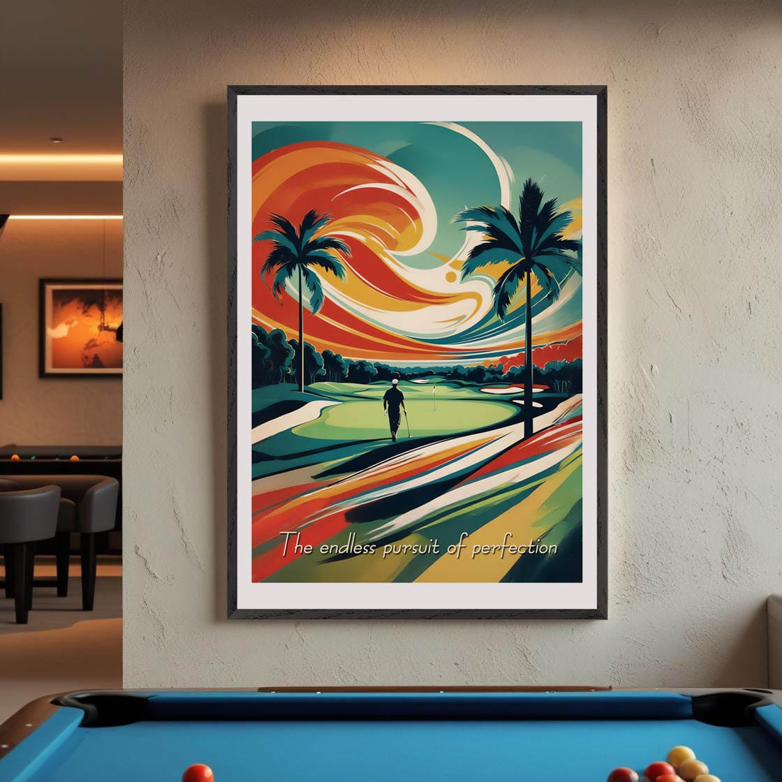 Mock-up of golf-themed motivational artwork displayed in a stylish office or den.