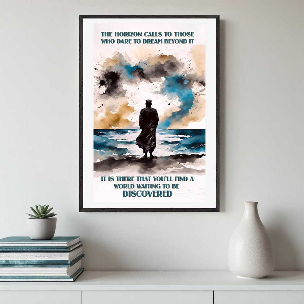 Mock-up of explorer-themed inspirational poster displayed in a creative home workspace.