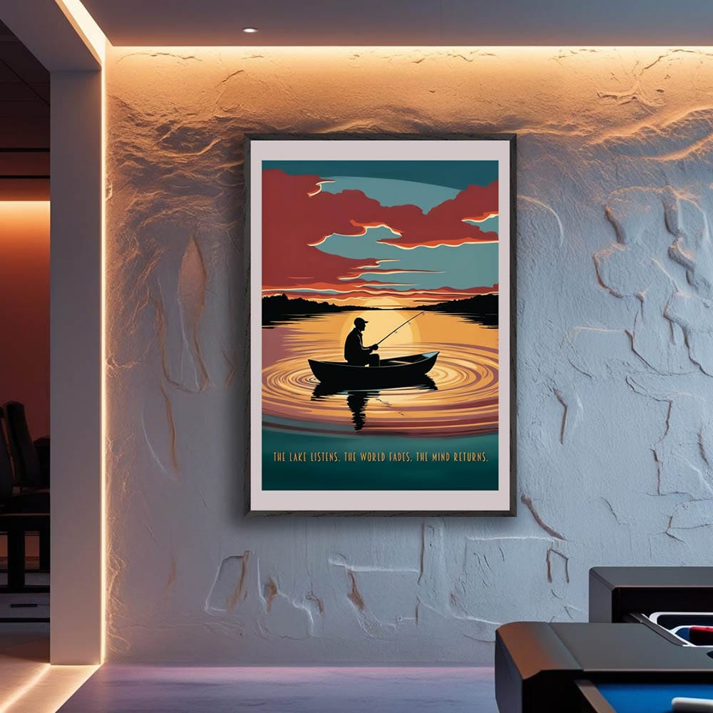 Mock-up of fishing poster displayed in a peaceful interior setting, ideal for anglers or nature lovers.