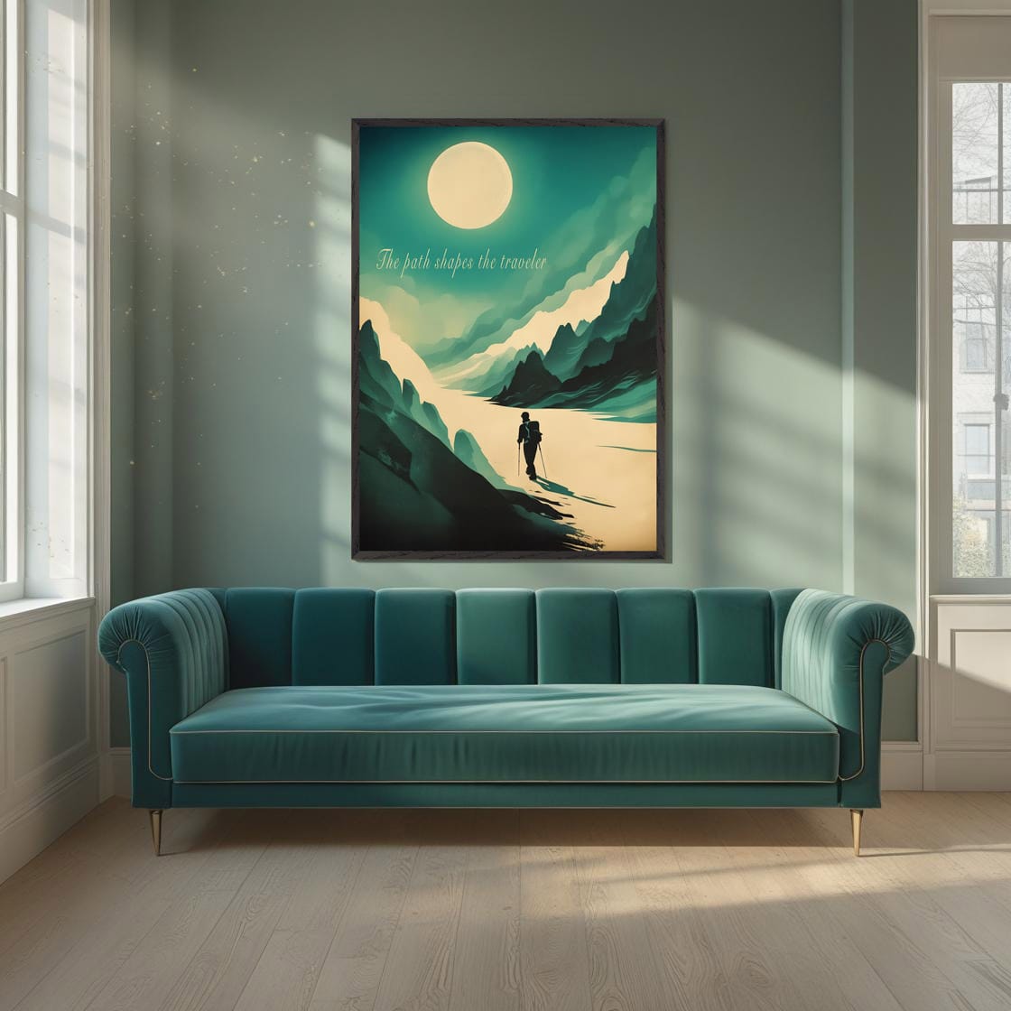 Mock-up of motivational hiking artwork displayed in a stylish interior space.