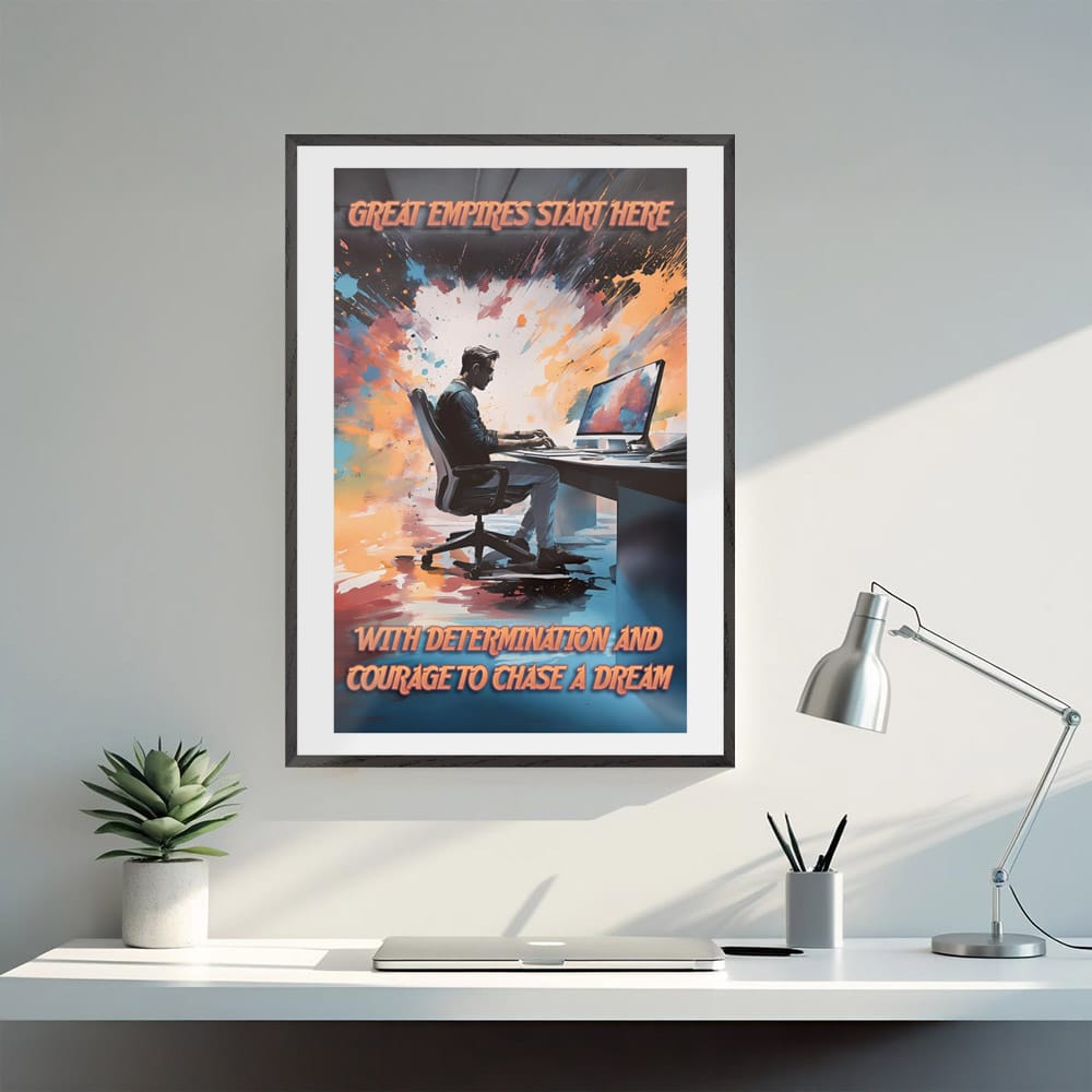 Mock-up of ambition-themed poster in a home office setting.