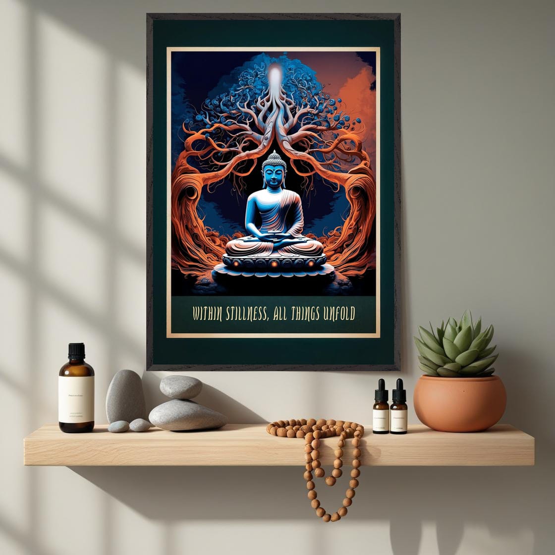 Mock-up of Buddha meditation artwork displayed in a calm interior setting.