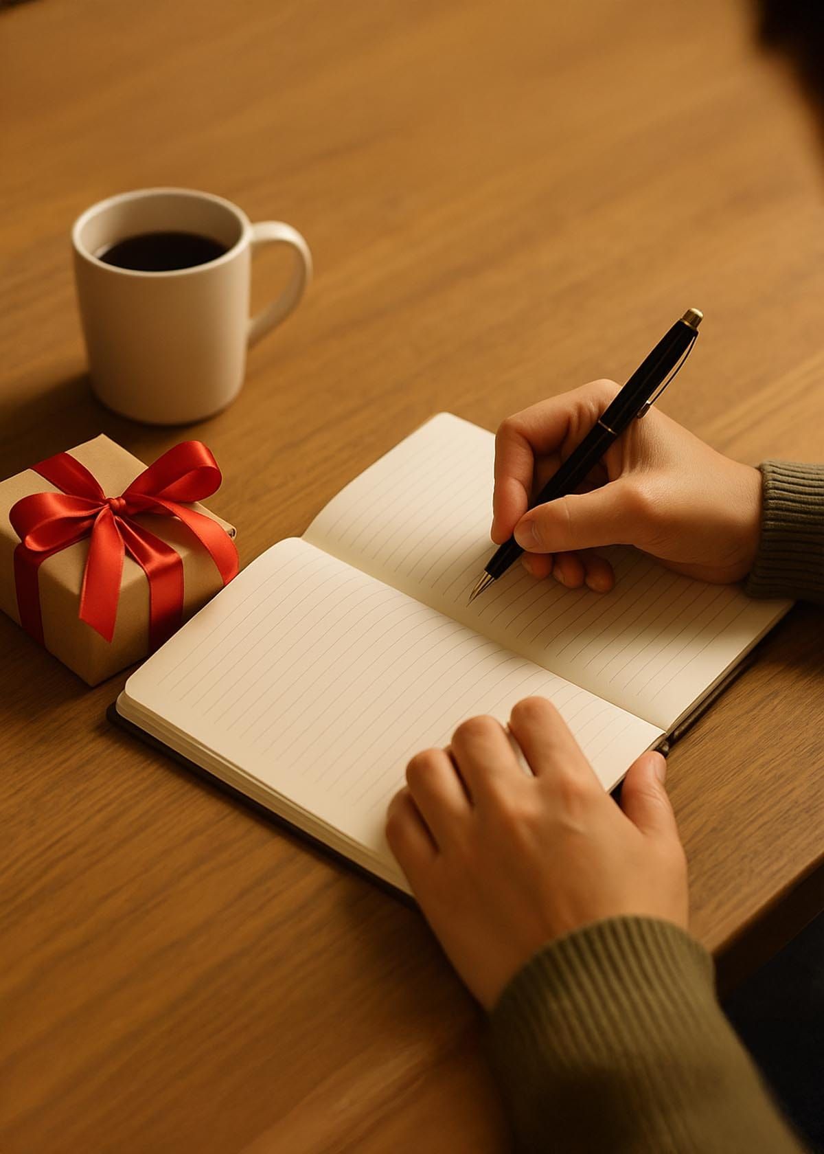 Hands wrapping a small gift on a wooden desk beside a notebook and a warm cup of coffee, creating a cozy and thoughtful workspace.