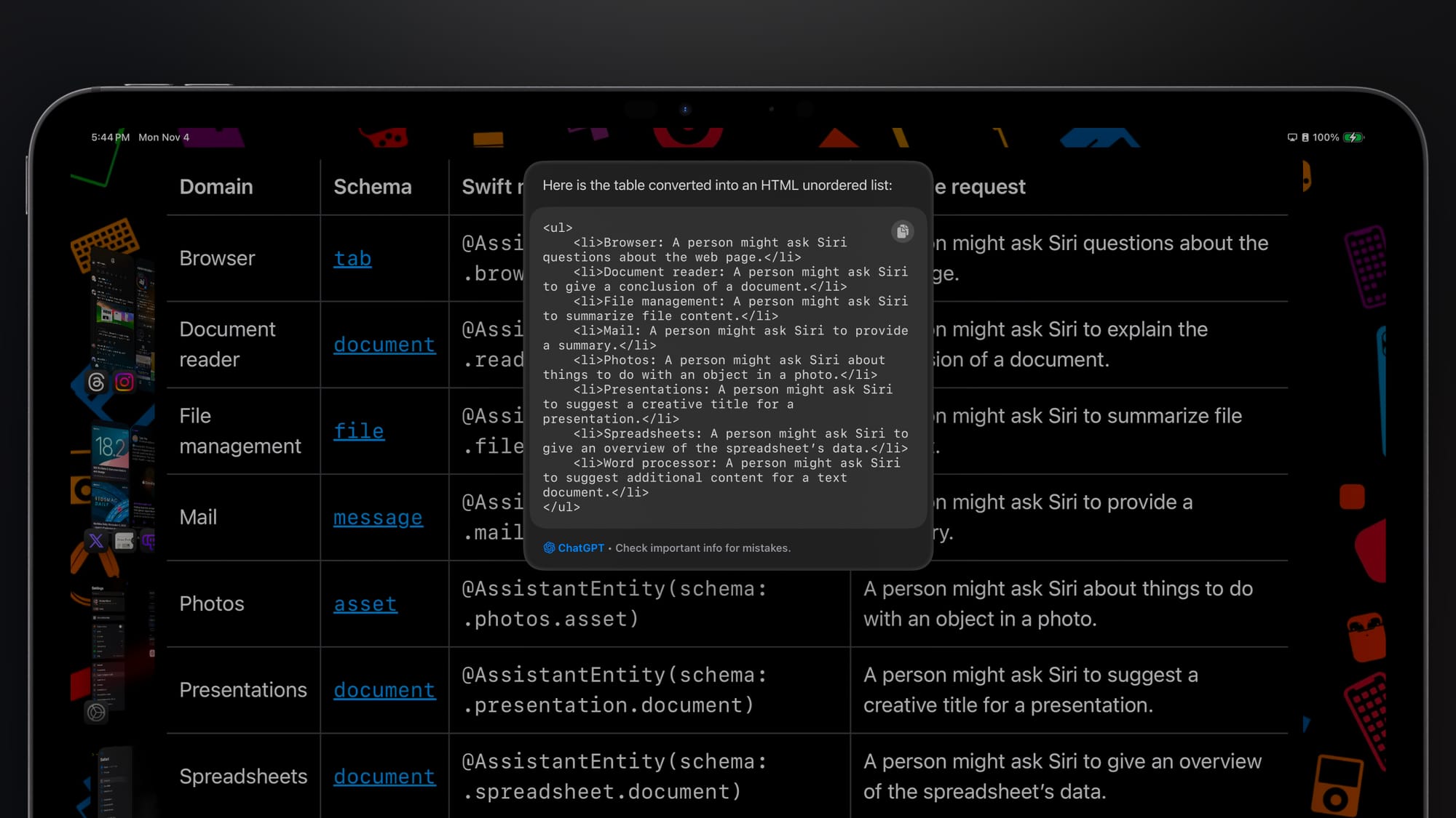 ChatGPT results provided through Siri. The floating modal window shows an HTML list generated from a table below it in the image.