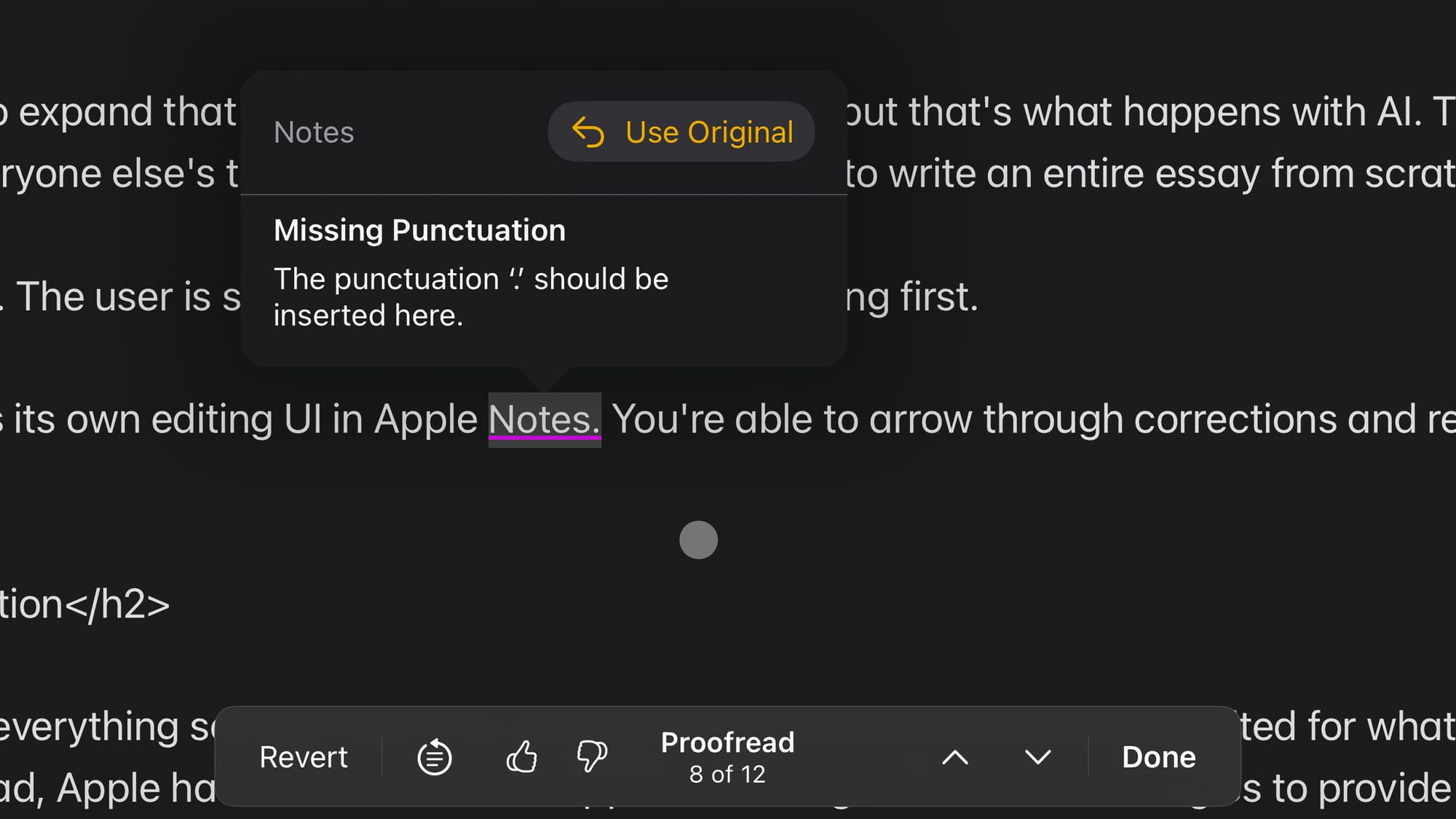 Proofread editing in Apple Notes with highlighted text and an option to revert