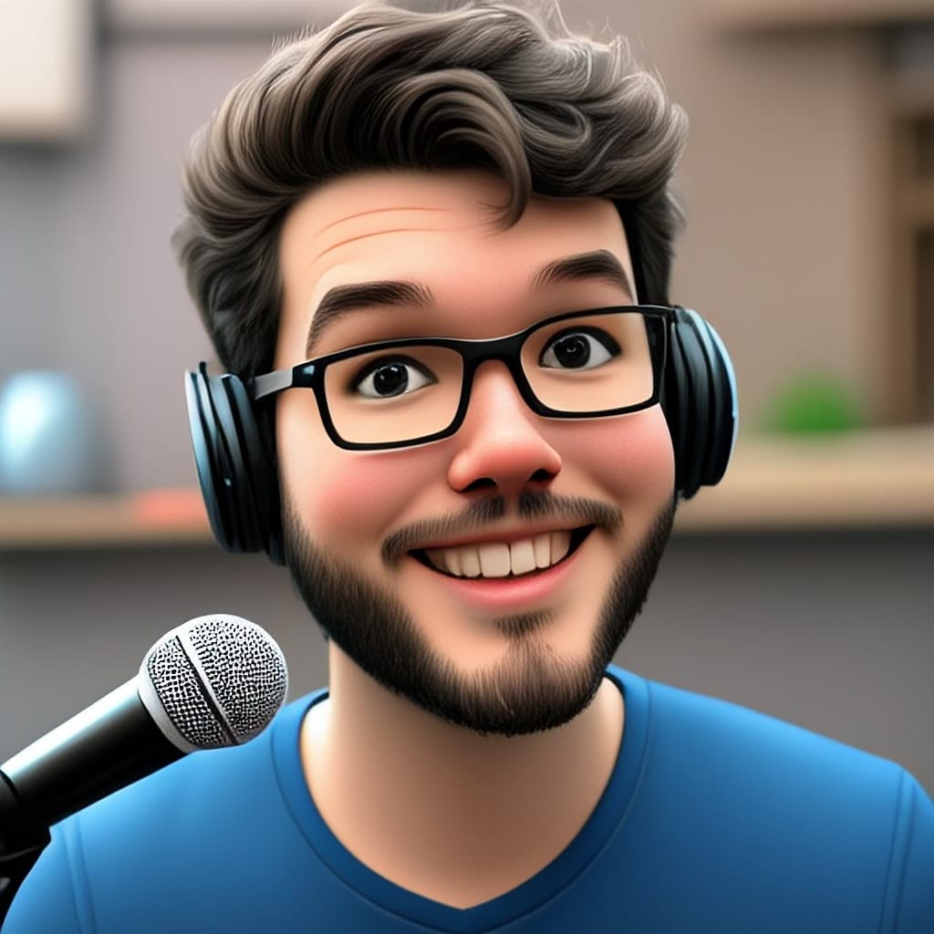 A poorly executed AI generated image made by Beta 1 of Apple's Image Playground. It looks like Wesley with glasses, fluffed hair, and a beard, but the eyes and teeth are wrong. Not to mention the broken looking headphones and microphone.