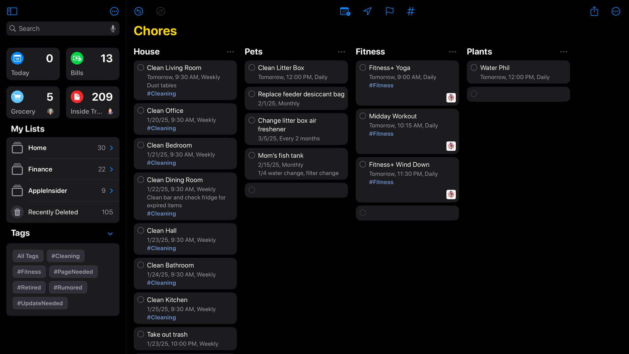 Four columns in Apple's Reminders app that set a schedule for various chores