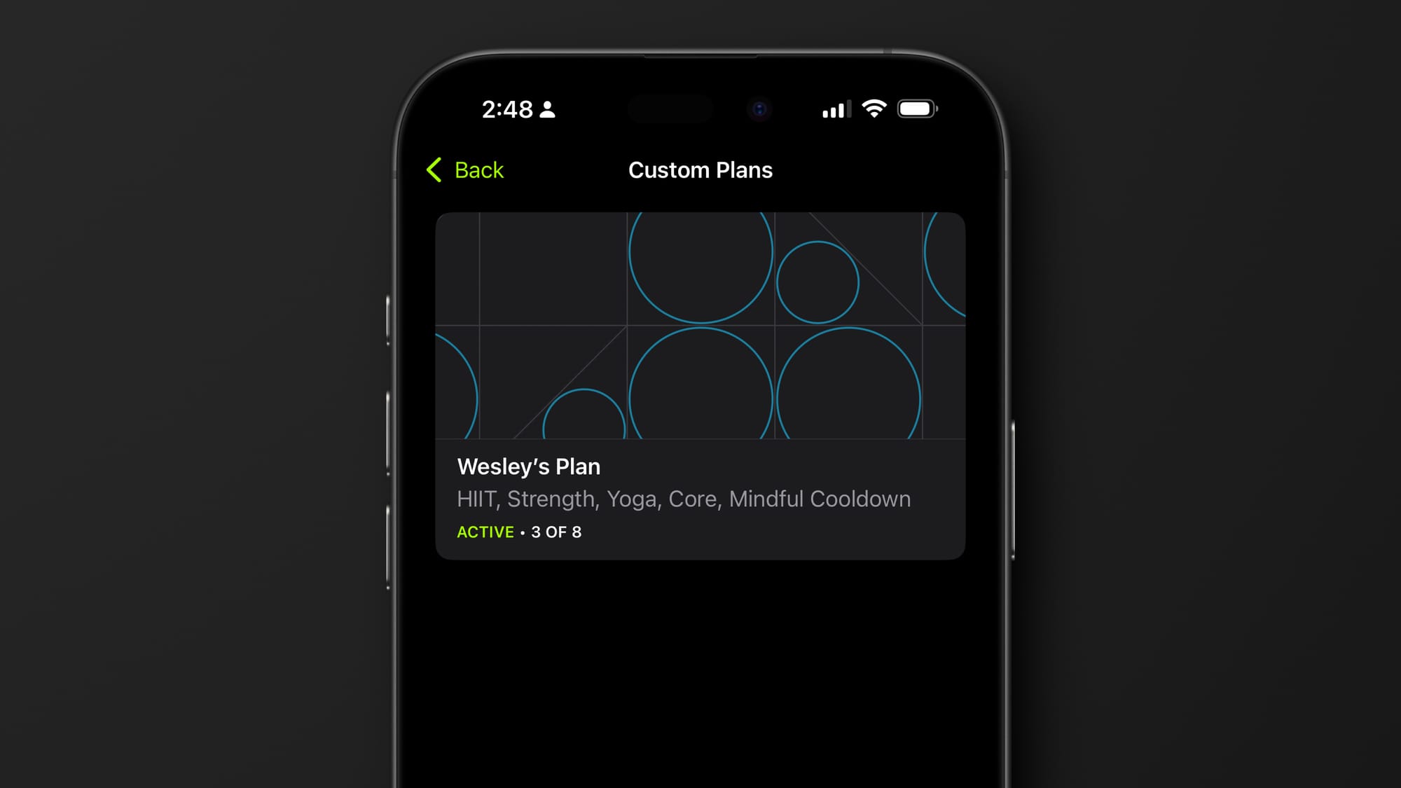 A screenshot showing Wesley's Plan in Apple Fitness+. 3 of 8 weeks are complete.