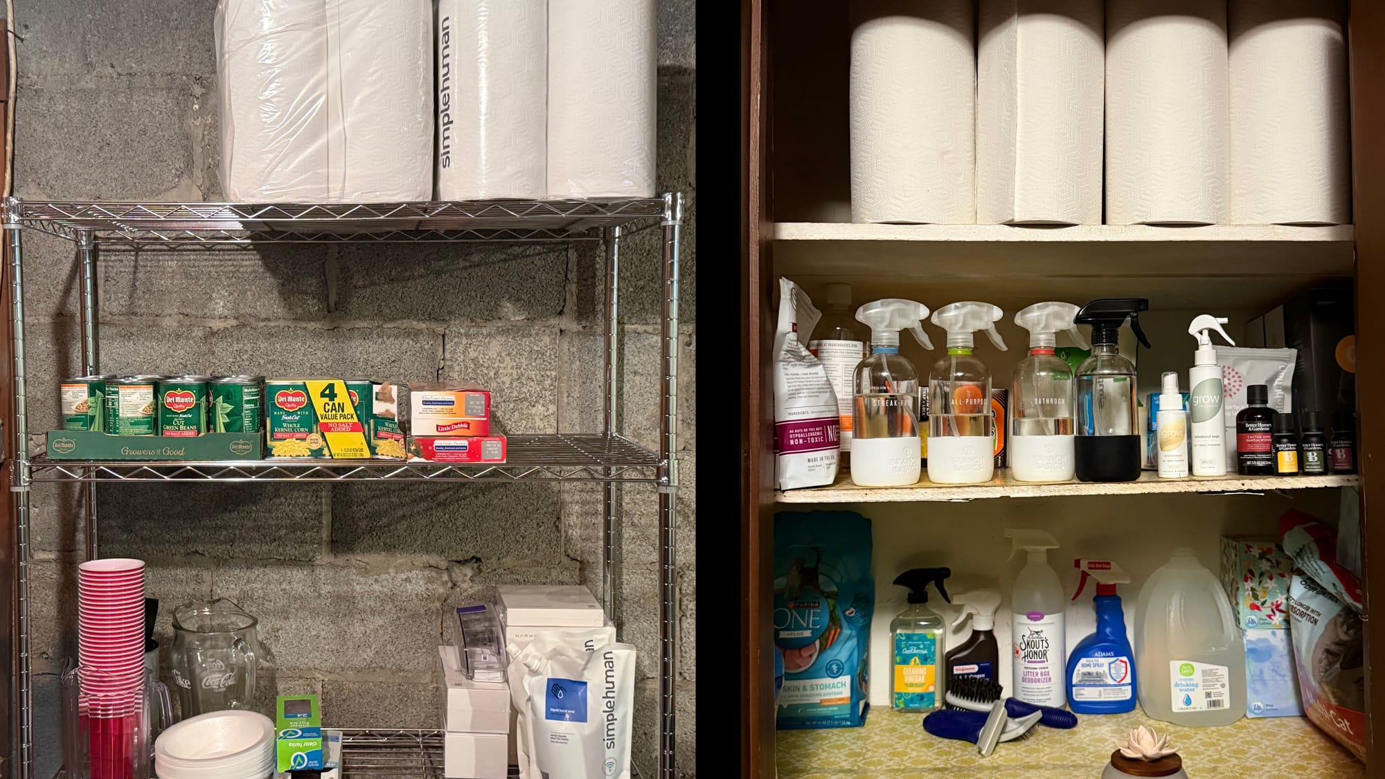 A side-by-side image showing the cleaning supplies in the basement and hallway closet