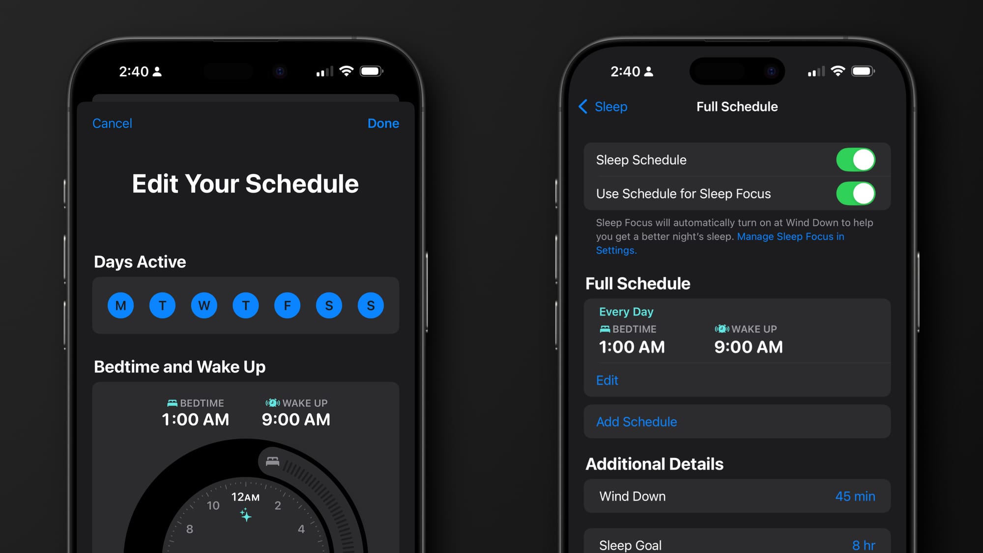 Screenshots set side-by-side of sleep settings in the Apple Health app