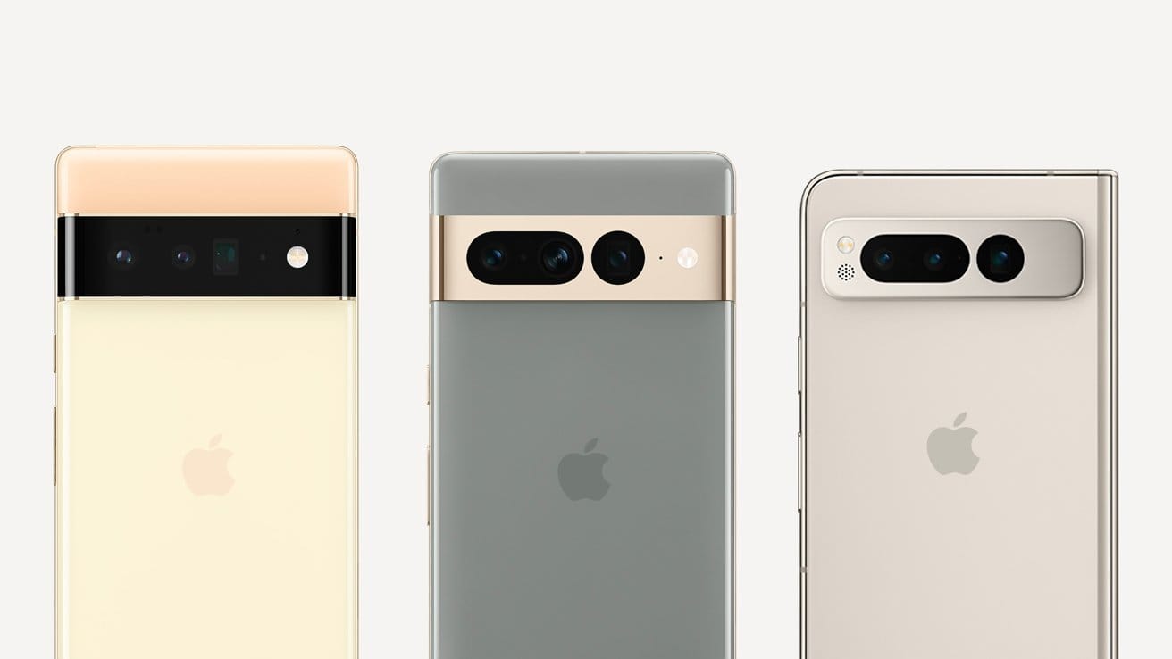 Google Pixel's lineup with camera bars, but the G logo is swapped for an Apple one