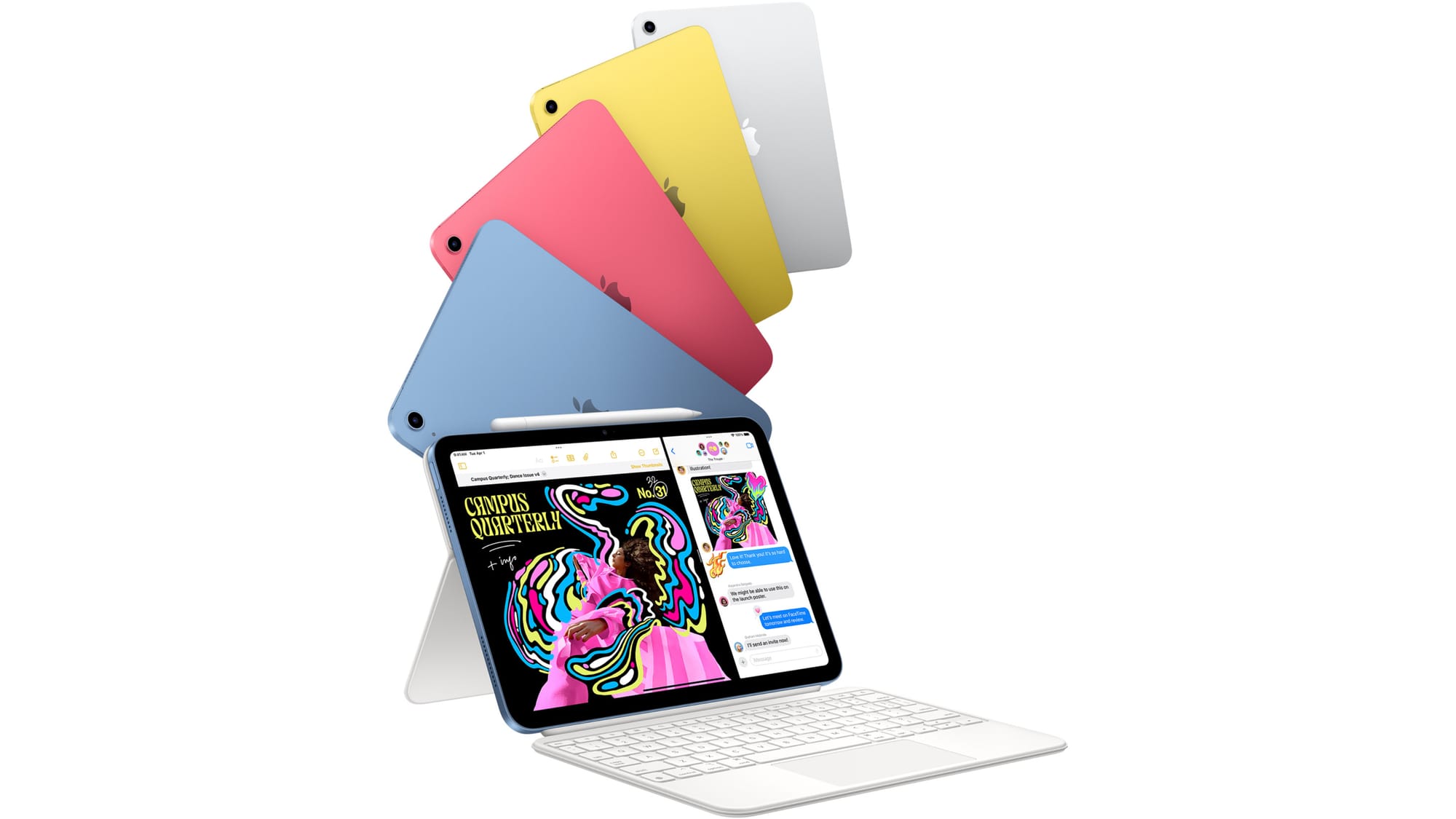 iPad in the Magic Keyboard Folio with a blue, pink, yellow, and silver model fanning out behind it