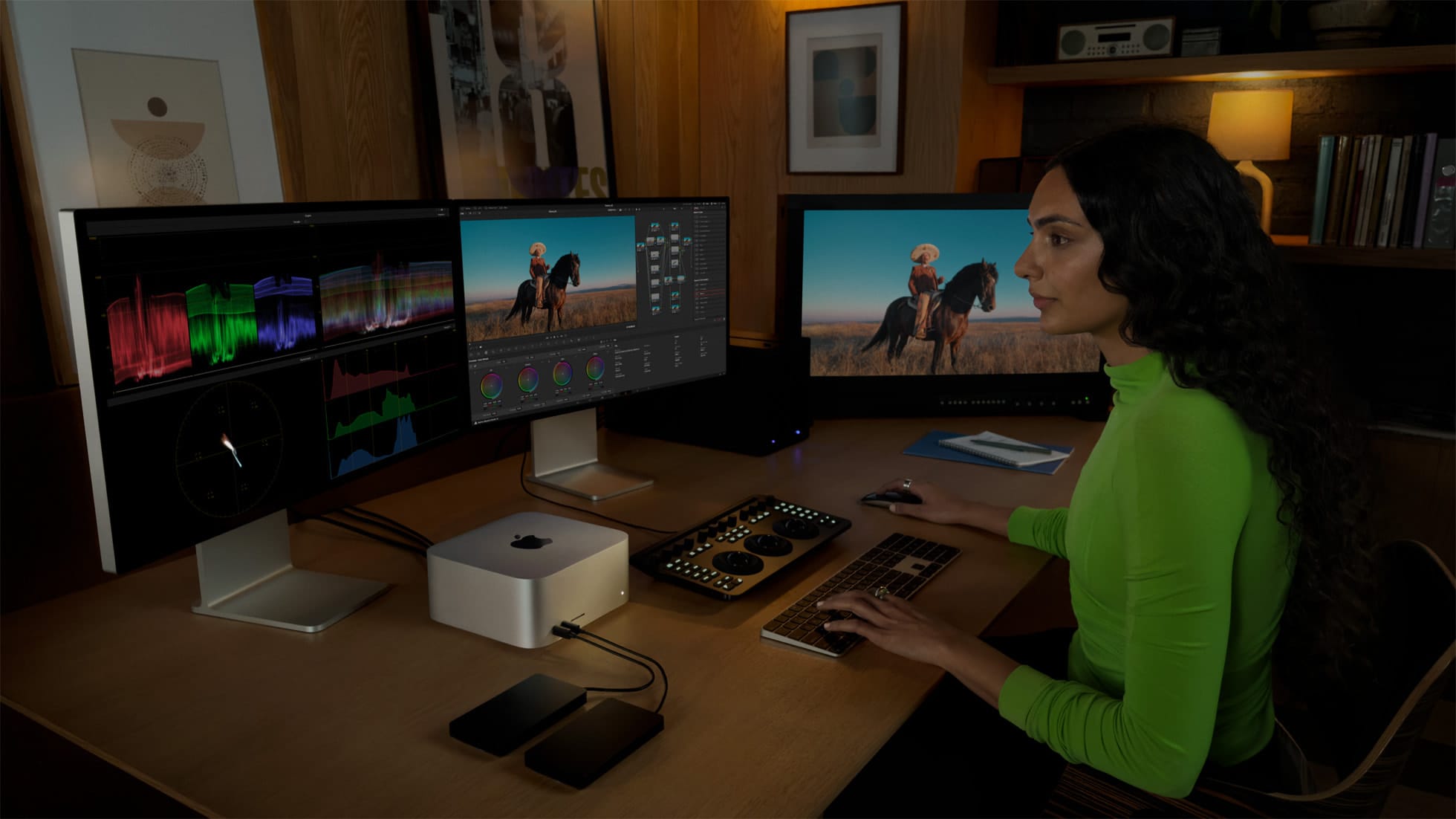A woman in green working at a desk with three monitors and a Mac Studio