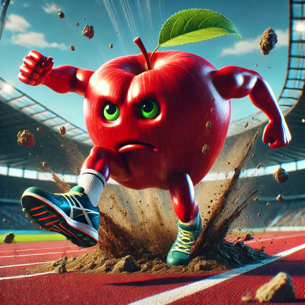 An Apple with muscular arms and legs bursting out of a track