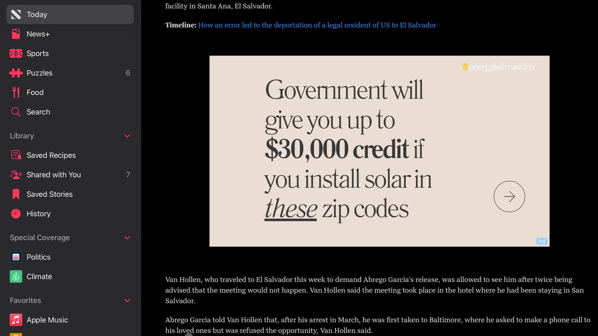 An ad shown in Apple News for solar panel subsidies