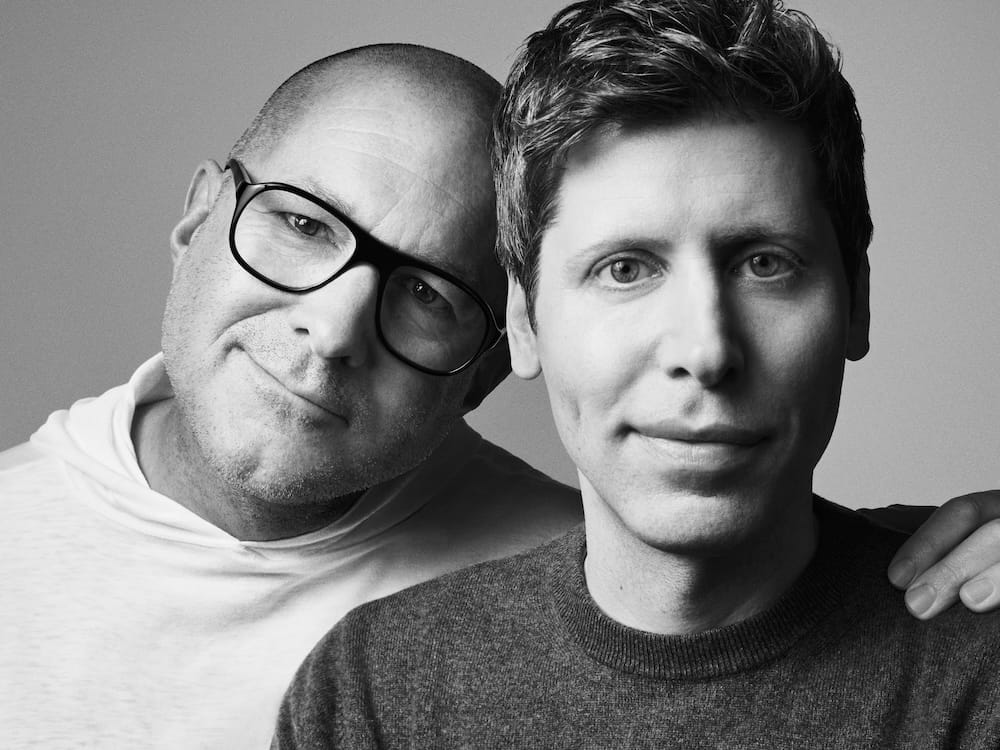 Jony Ive and Sam Altman in a black and white photo