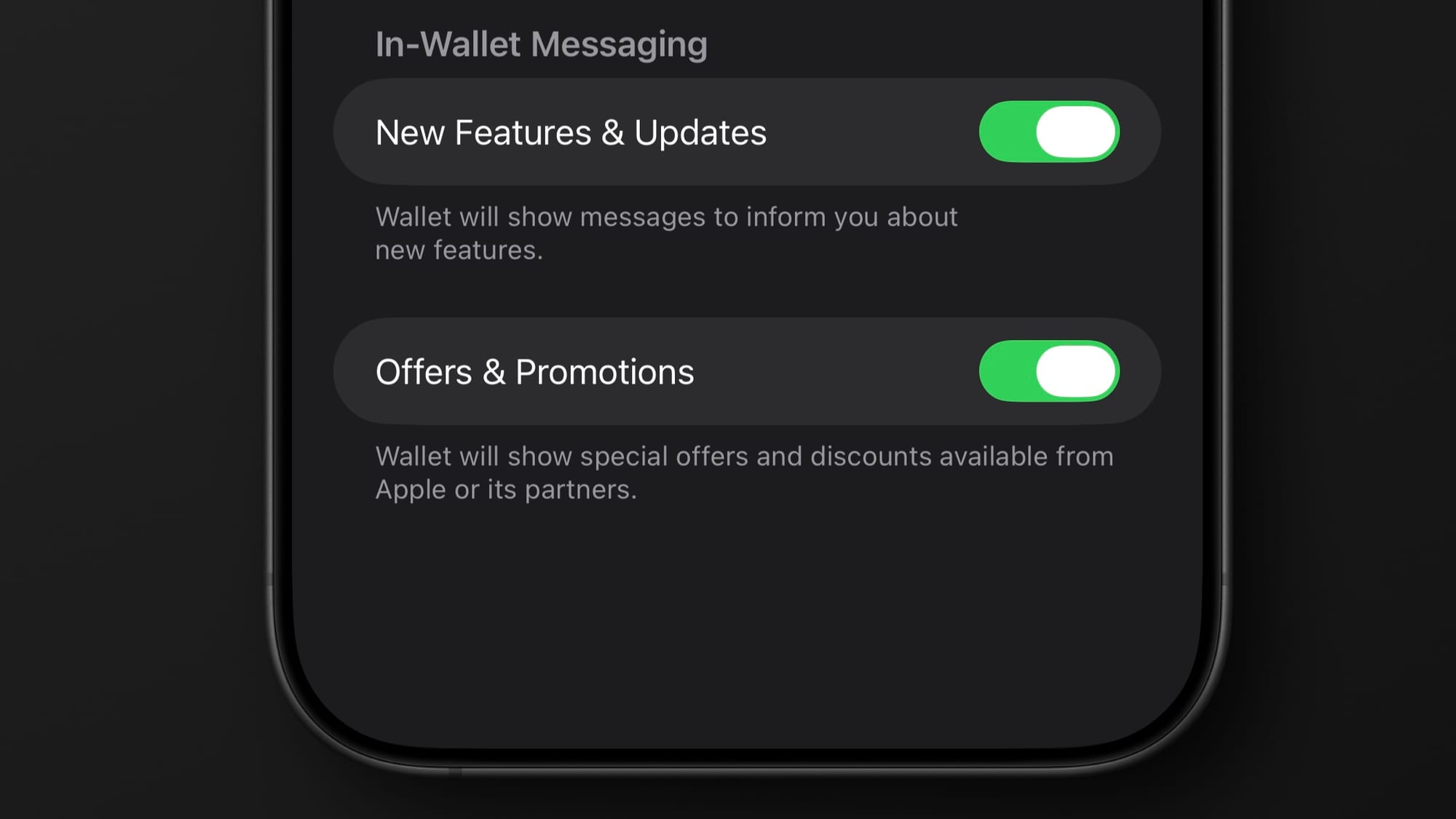 A screenshot of Apple Wallet notification settings in iOS 26
