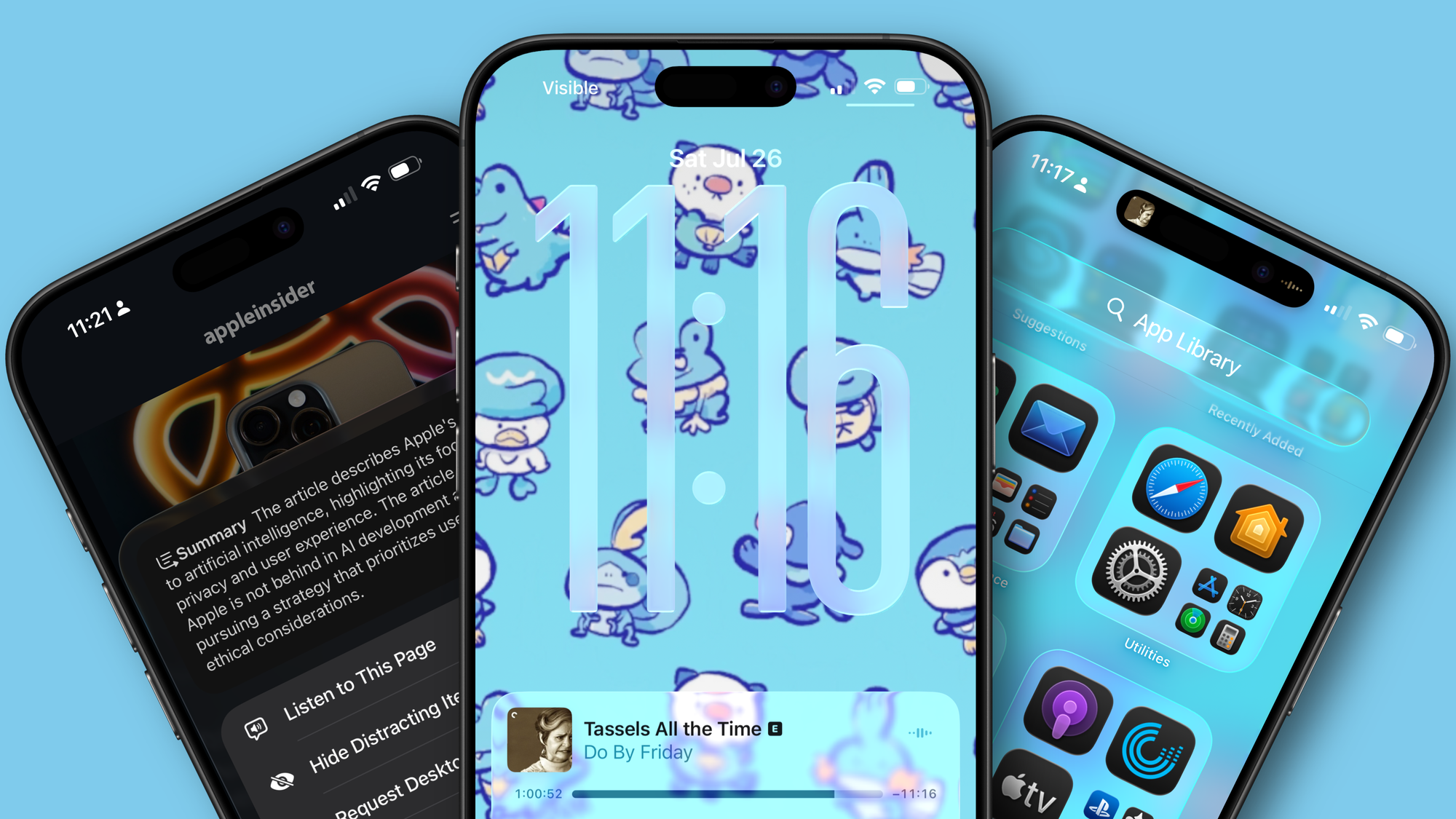 Three iPhone screenshots showcasing iOS 26 transparency