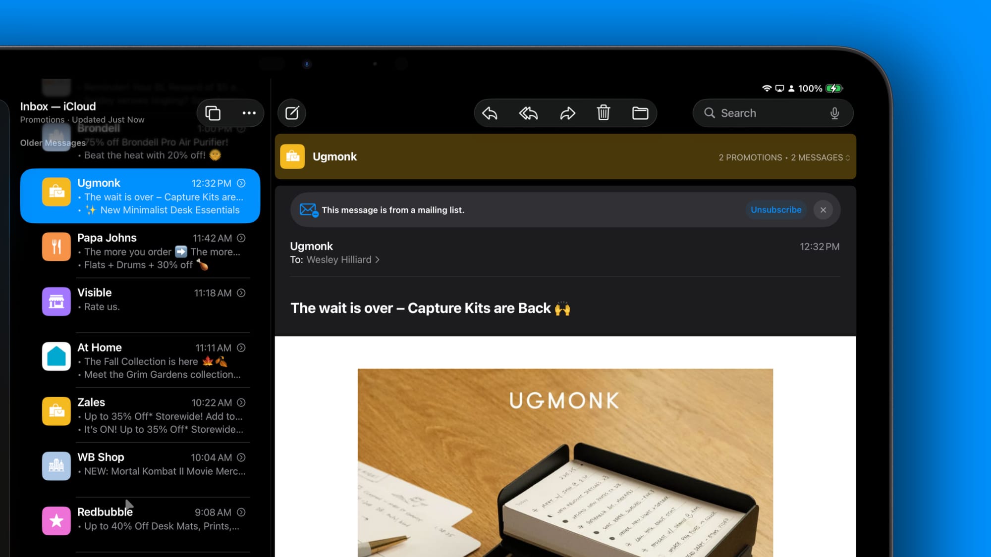 A screenshot of an email inbox featuring a message from Ugmonk about a paper sorting system