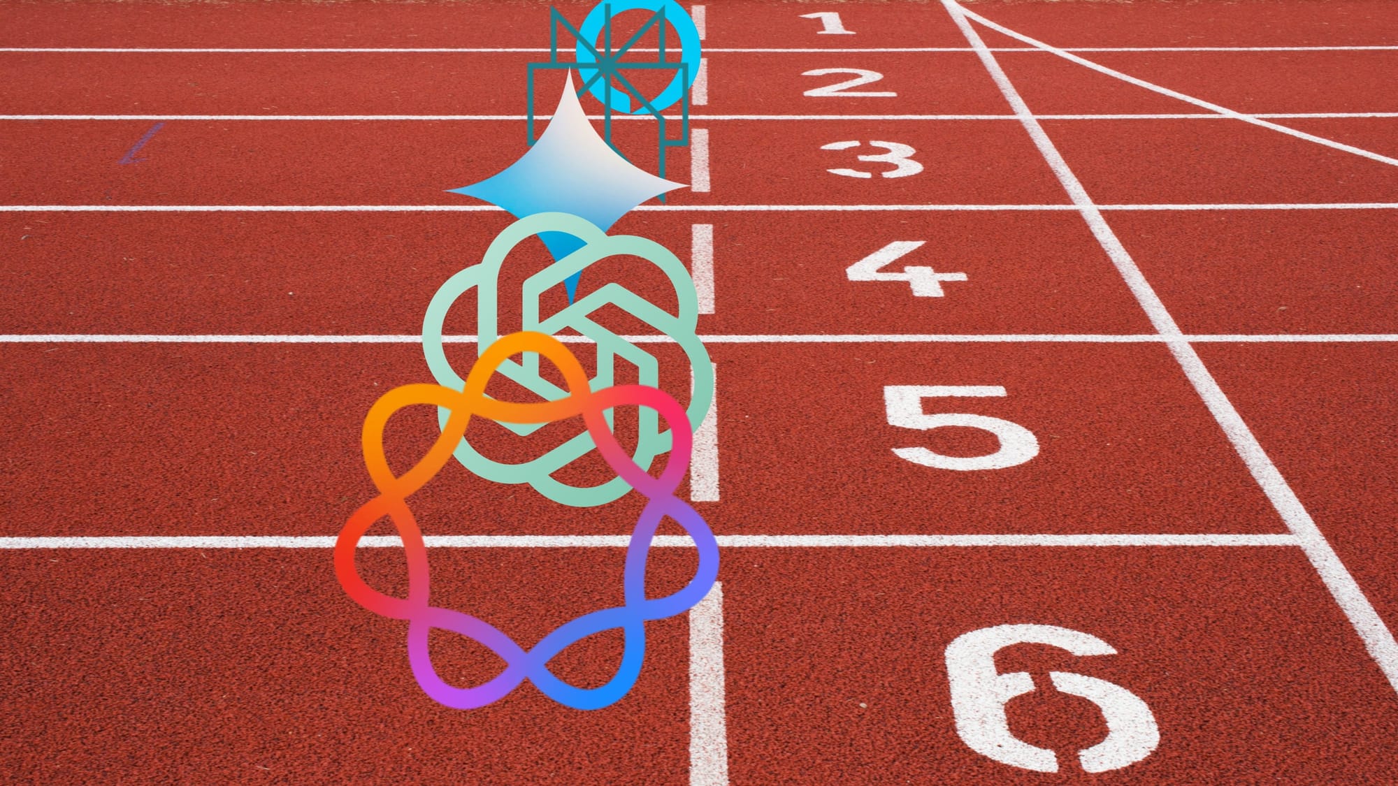 Various AI logos on a race starting line, featuring Apple Intelligence, ChatGPT, Gemini, Perplexity, and Alexa