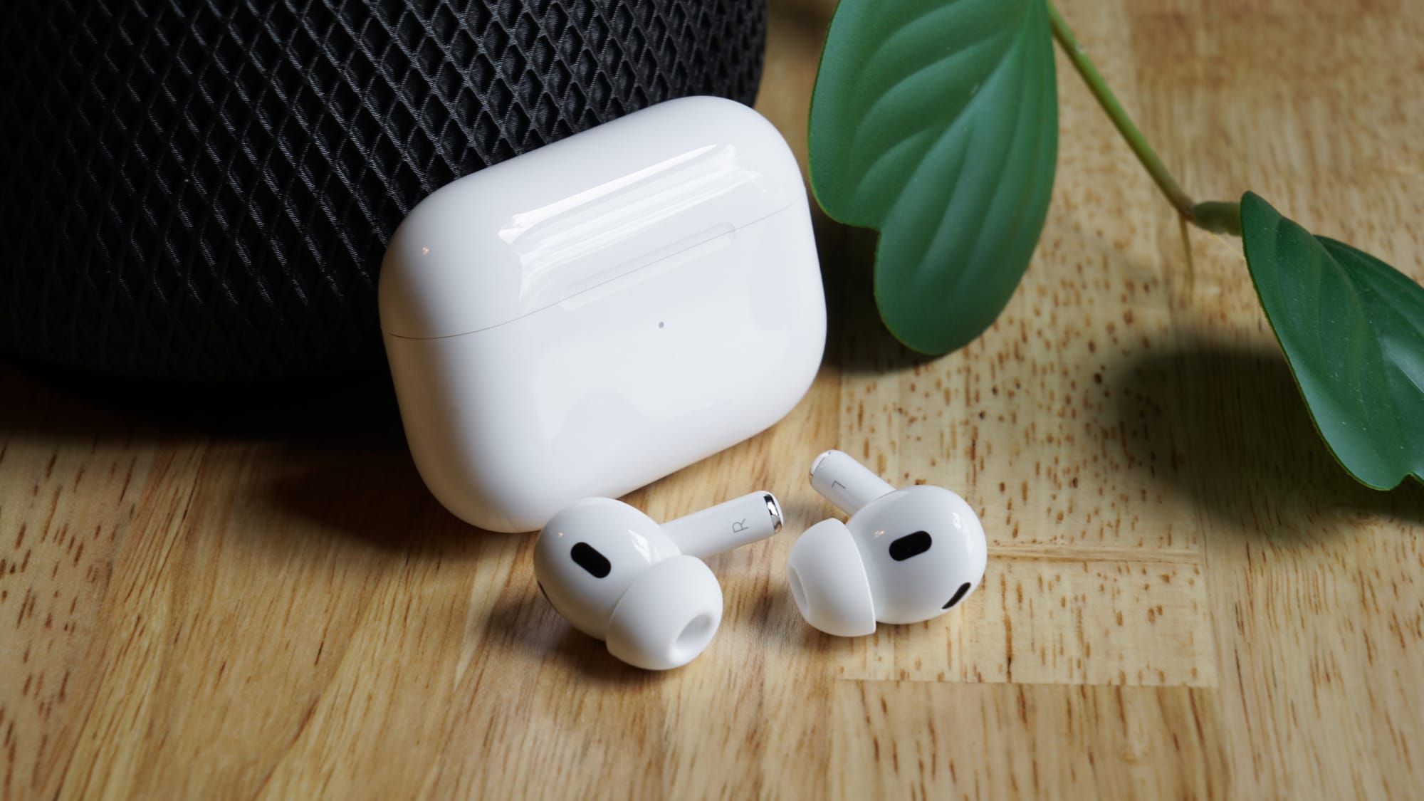 AirPods Pro outside of their charging case by a fake plant