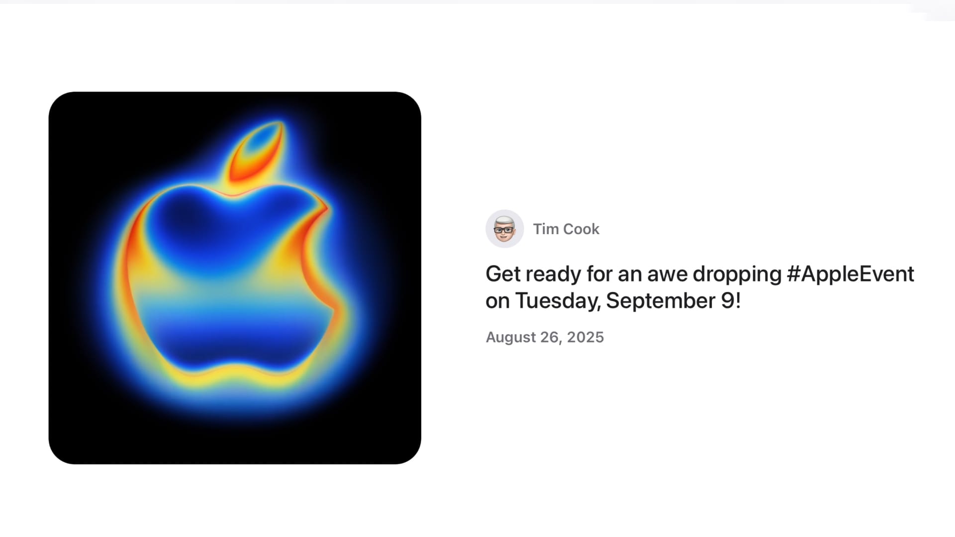 A social media-like post from Apple CEO Tim Cook featuring the Apple event logo and text "Get ready for an awe dropping #AppleEvent on Tuesday, September 9!"