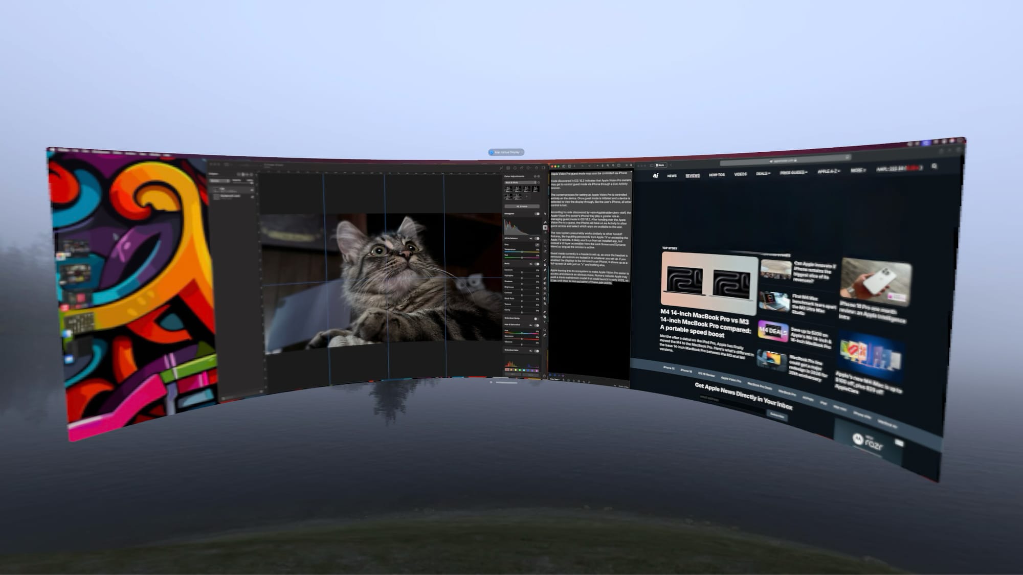 A screenshot of Mac Virtual Display in Apple Vision Pro showing Pixelmator Pro