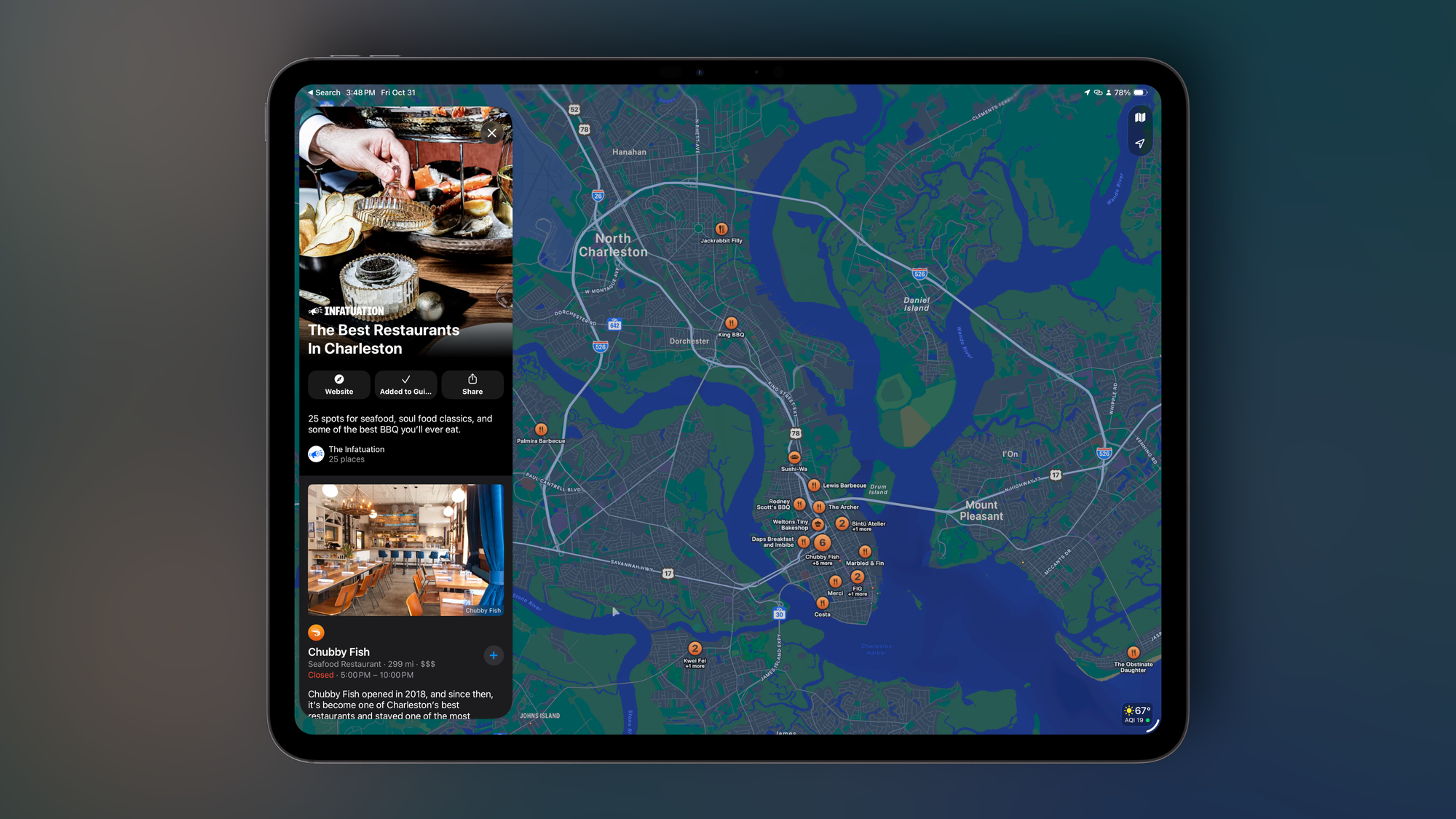 An Apple Maps screenshot showing a guide for Charleston, South Carolina
