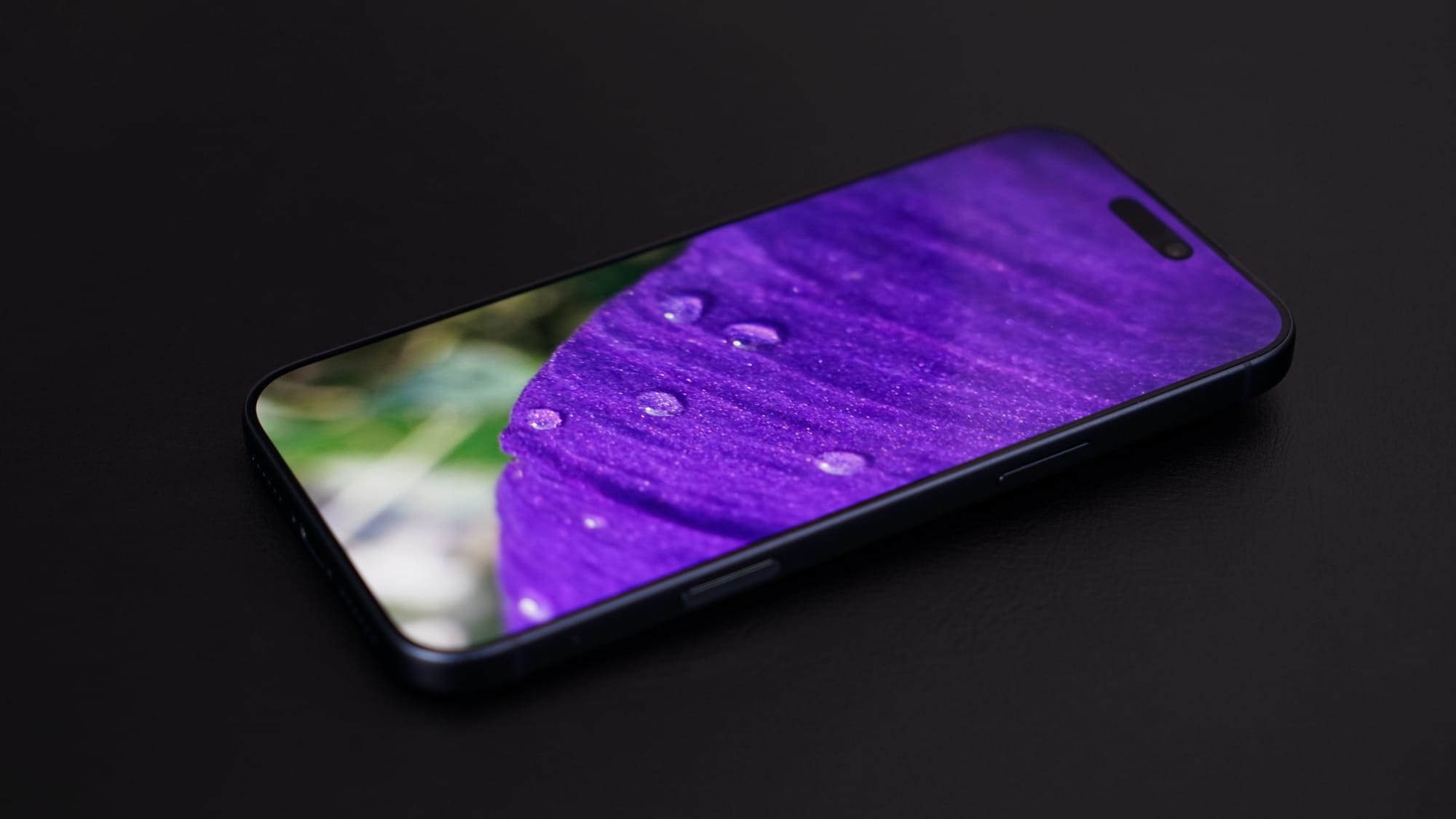 An iPhone 17 Pro Max display showing a macro photo of a purple flower with rain droplets on it