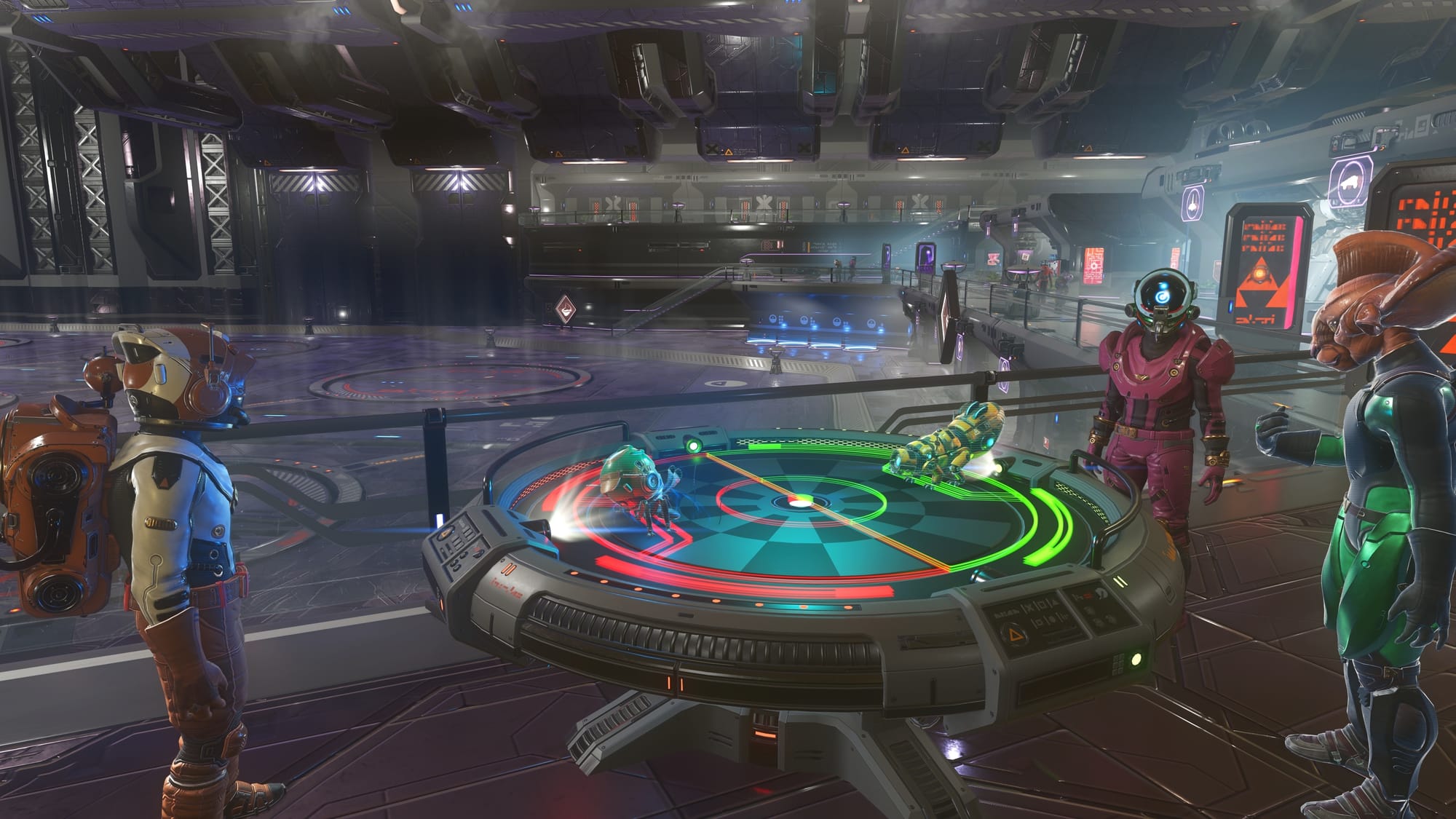A screenshot of No Man's Sky showing two monsters fighting on a virtual arena surrounded by space aliens in spacesuits
