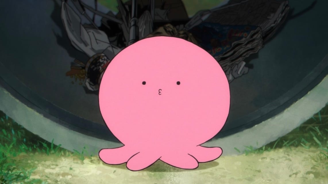 A tiny pink squid-like creature in a scene from an anime