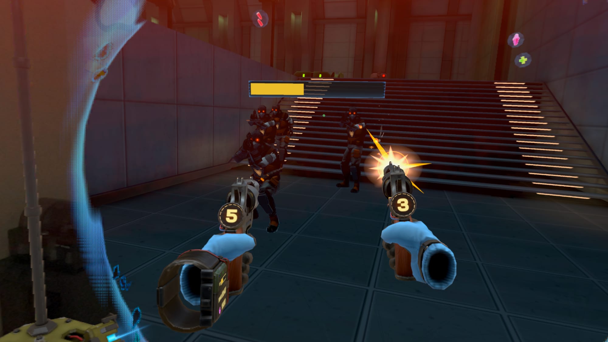 A VR first-person shooter with disembodied hands holding guns shooting at masked enemies in a portal-like window