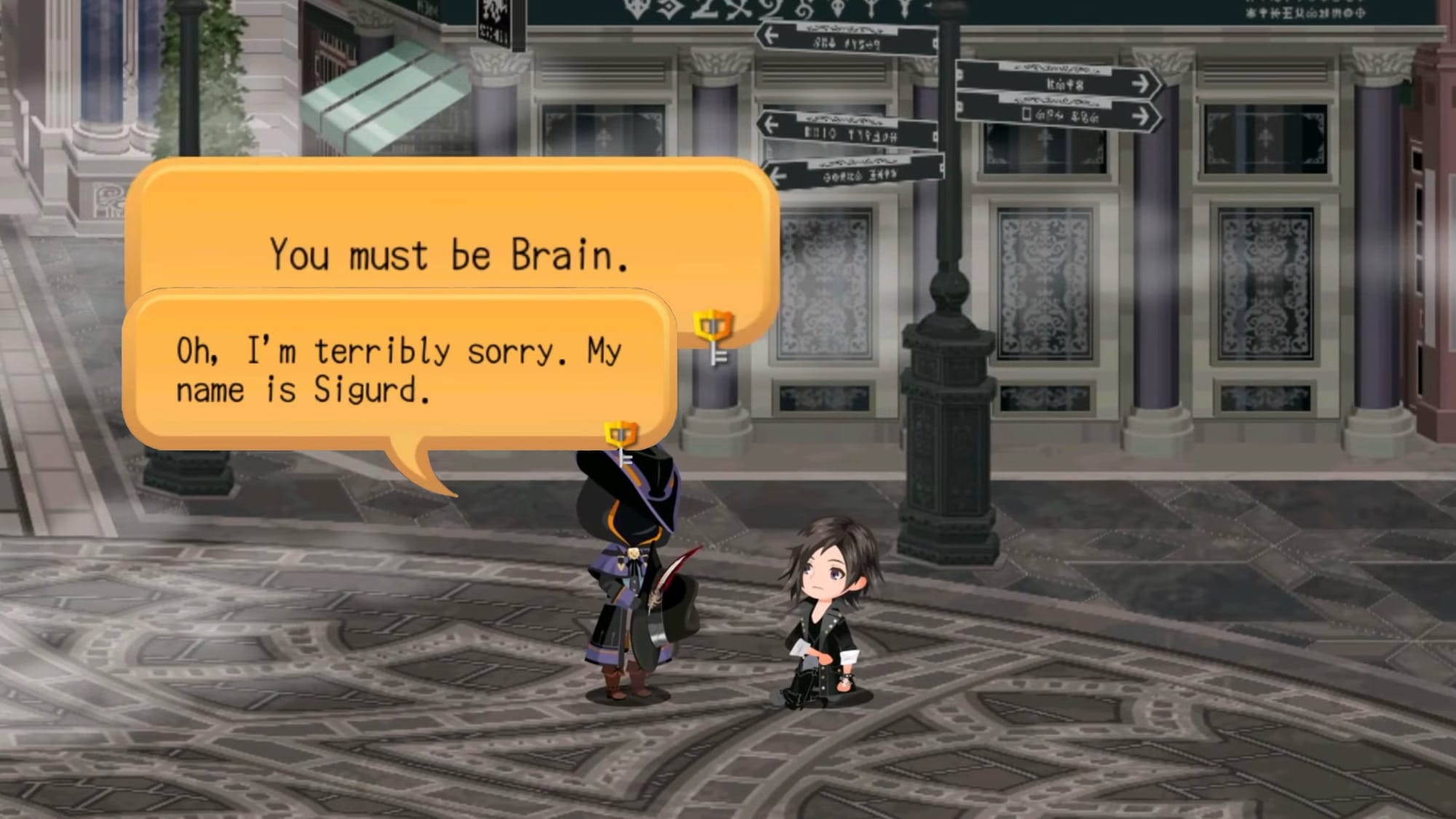 Chibi characters on a city street wearing black clothing, one says "You must be Brain. Oh, I'm terribly sorry. My name is Sigurd."