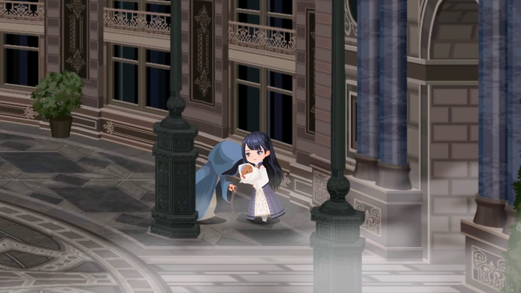 Chibi characters in Union Cross, a robed figure being handed a baby with dark skin