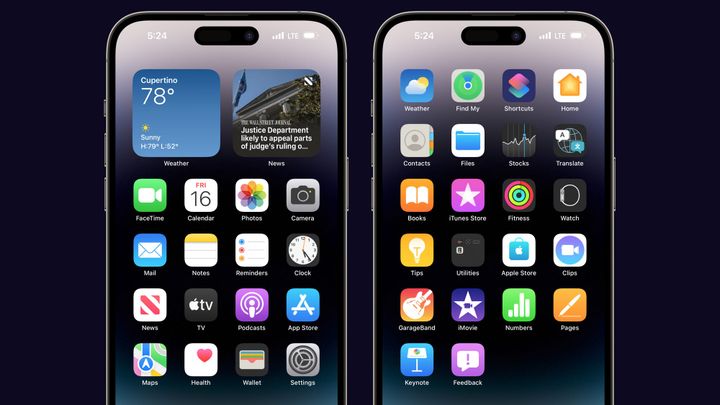 Two screenshots set in iPhone frames showing default apps