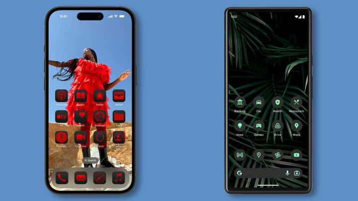 Promo images of iPhone and Android customization options. Red icons on iPhone green on Android.