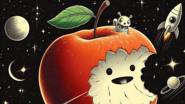An AI generated image of a cartoon Apple with a bite taken out of it floating through space.