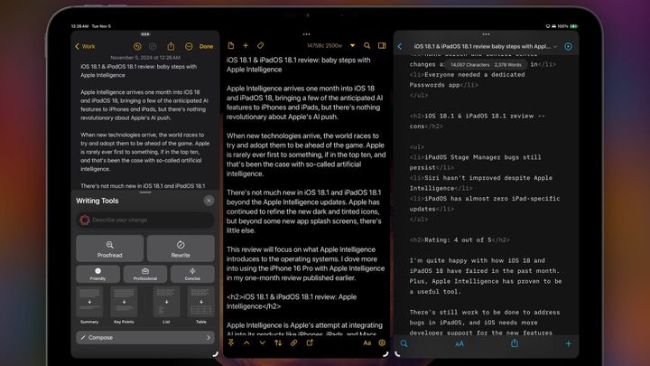 An iPad Pro with Notes, Drafts, and IA writer open